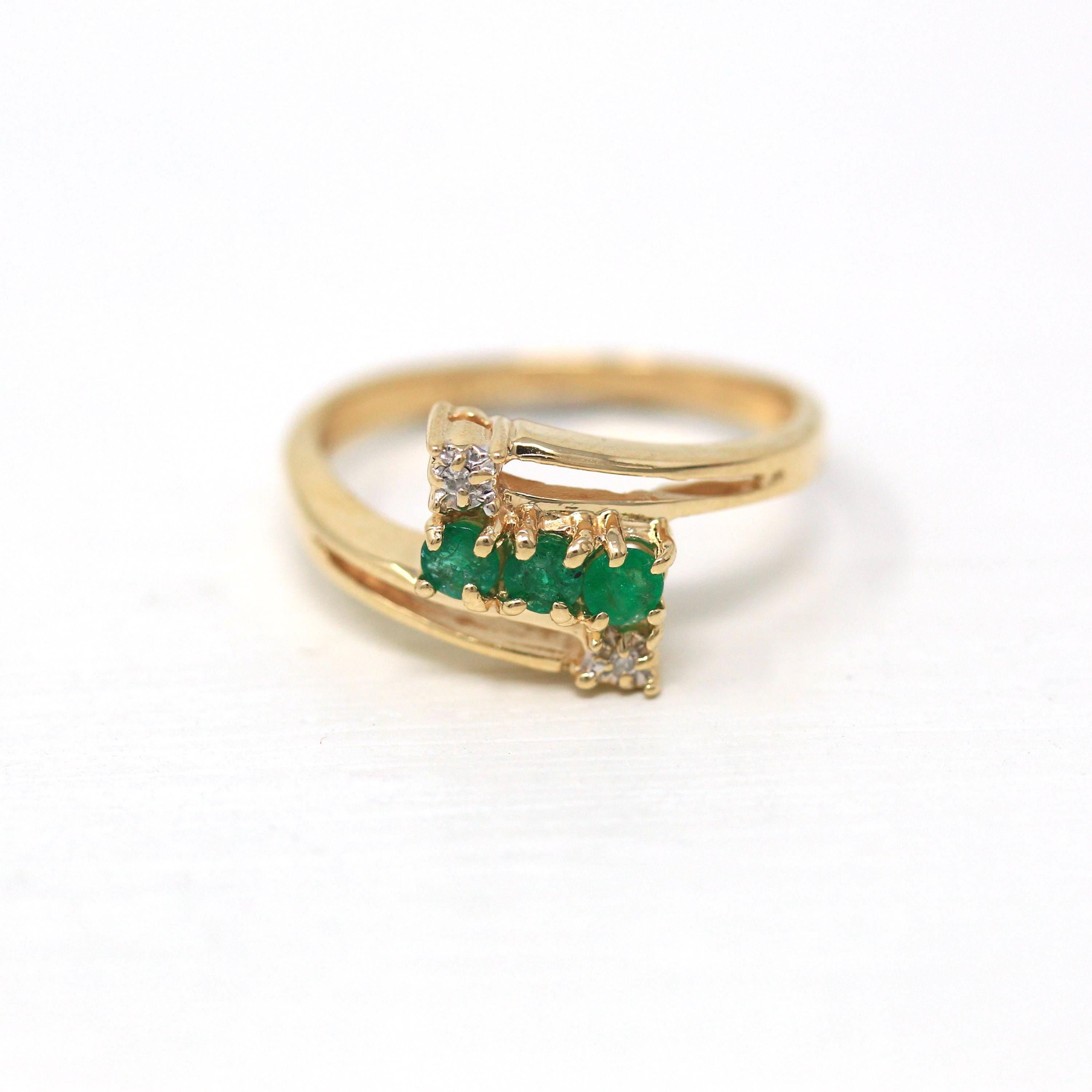 Emerald & Diamond Ring - Estate 10k Yellow Gold Round Green Gem Bypass Statement - Modern Circa 2000s Gemstone Size 6 1/4 Fine Jewelry