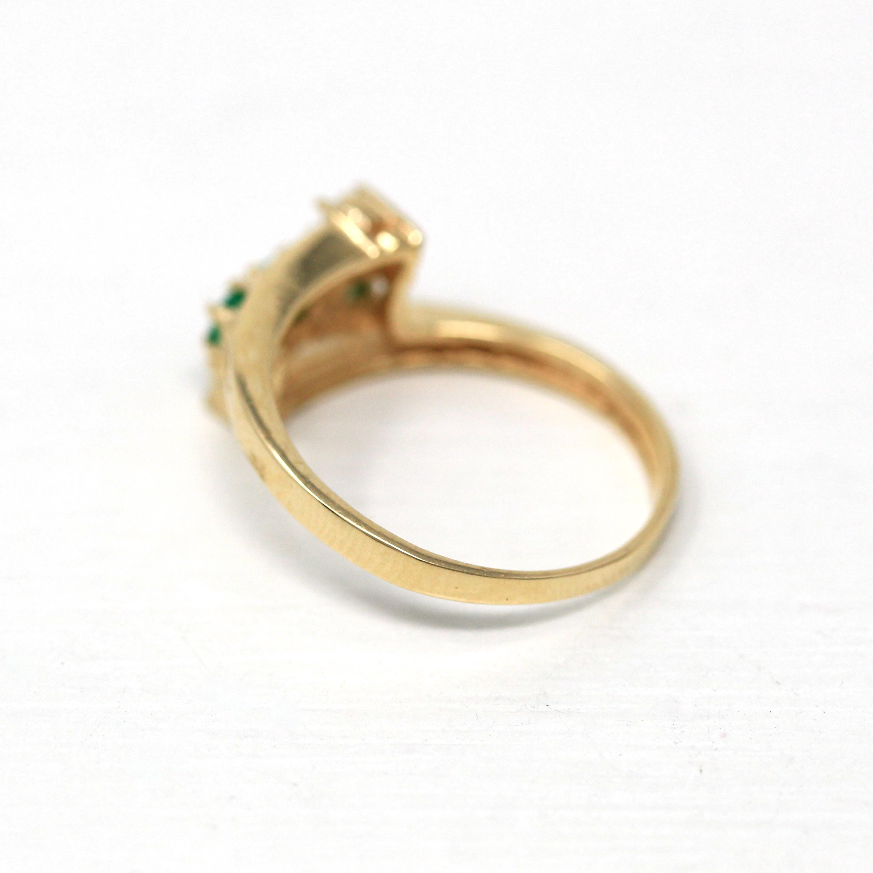 Emerald & Diamond Ring - Estate 10k Yellow Gold Round Green Gem Bypass Statement - Modern Circa 2000s Gemstone Size 6 1/4 Fine Jewelry