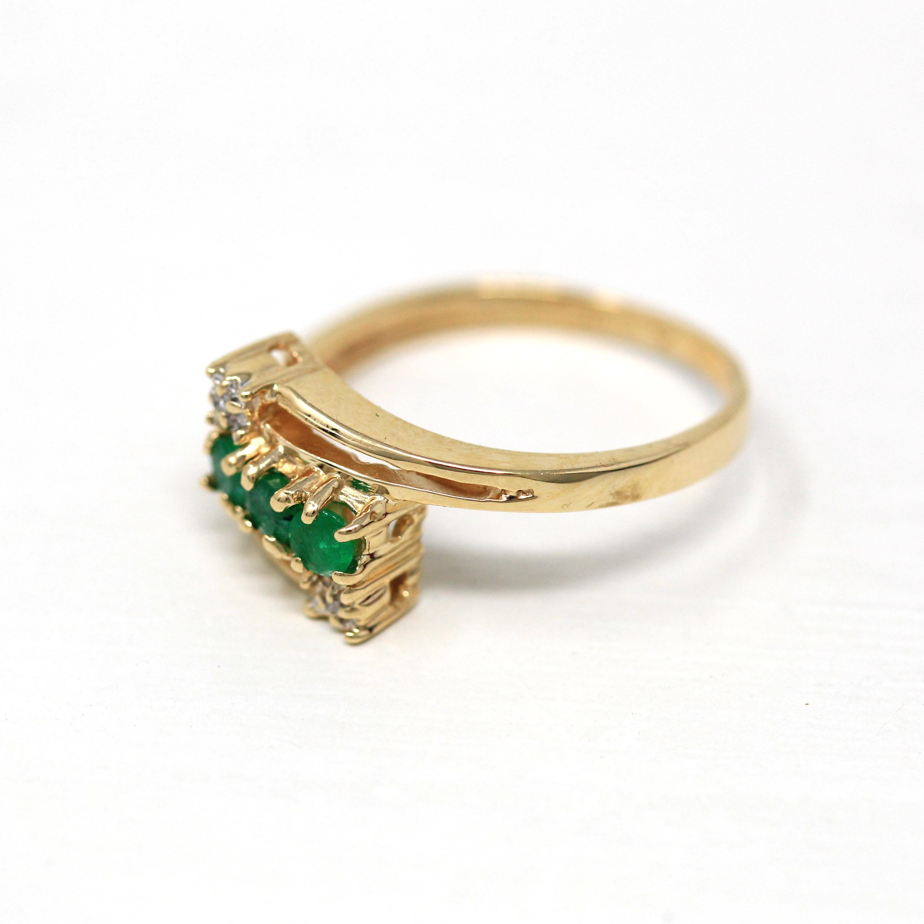 Emerald & Diamond Ring - Estate 10k Yellow Gold Round Green Gem Bypass Statement - Modern Circa 2000s Gemstone Size 6 1/4 Fine Jewelry