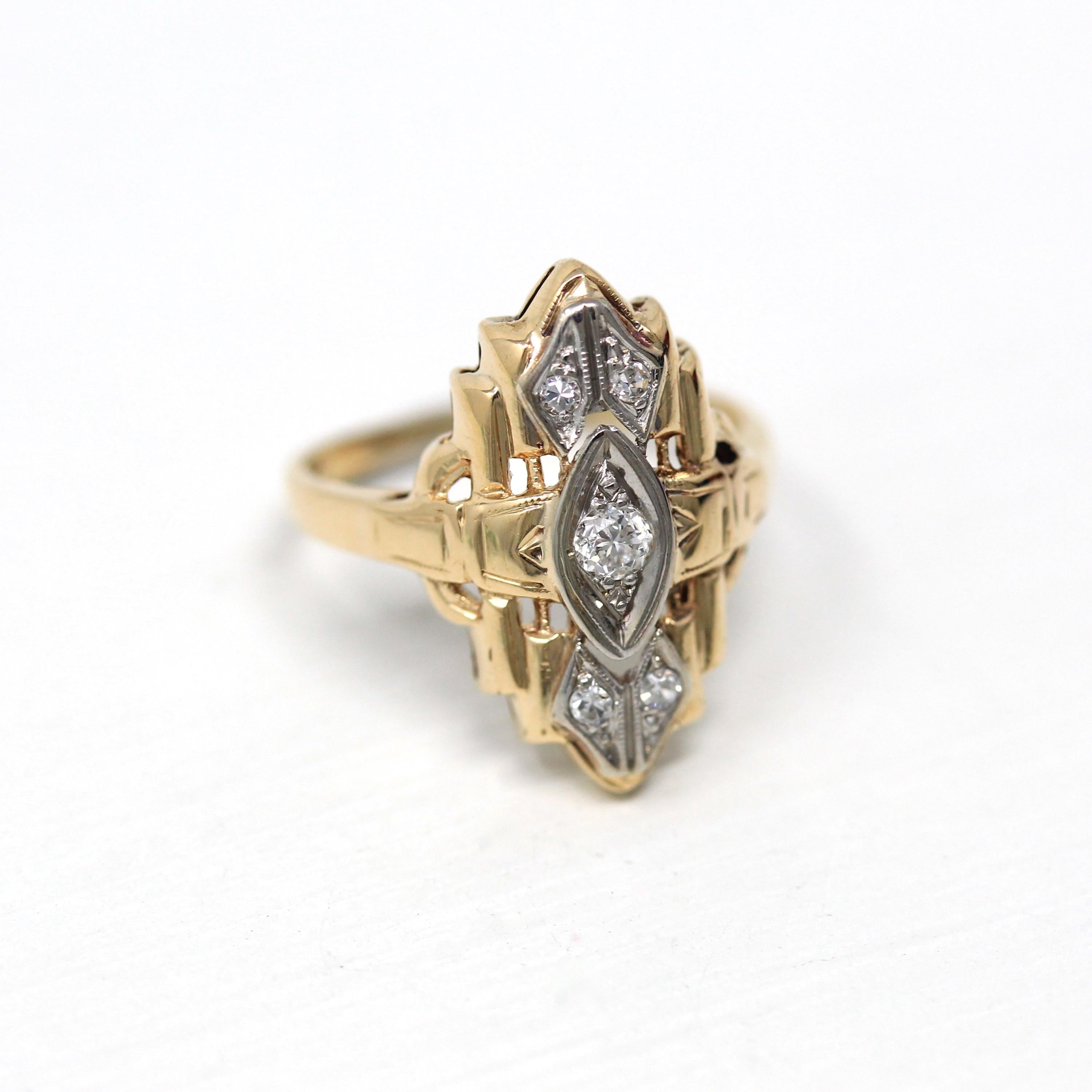 Vintage Shield Ring - Retro 14k Yellow & White Gold .10 CTW Diamonds Gems - Vintage Circa 1940s Era Size 3 1/4 Statement Filigree Jewelry