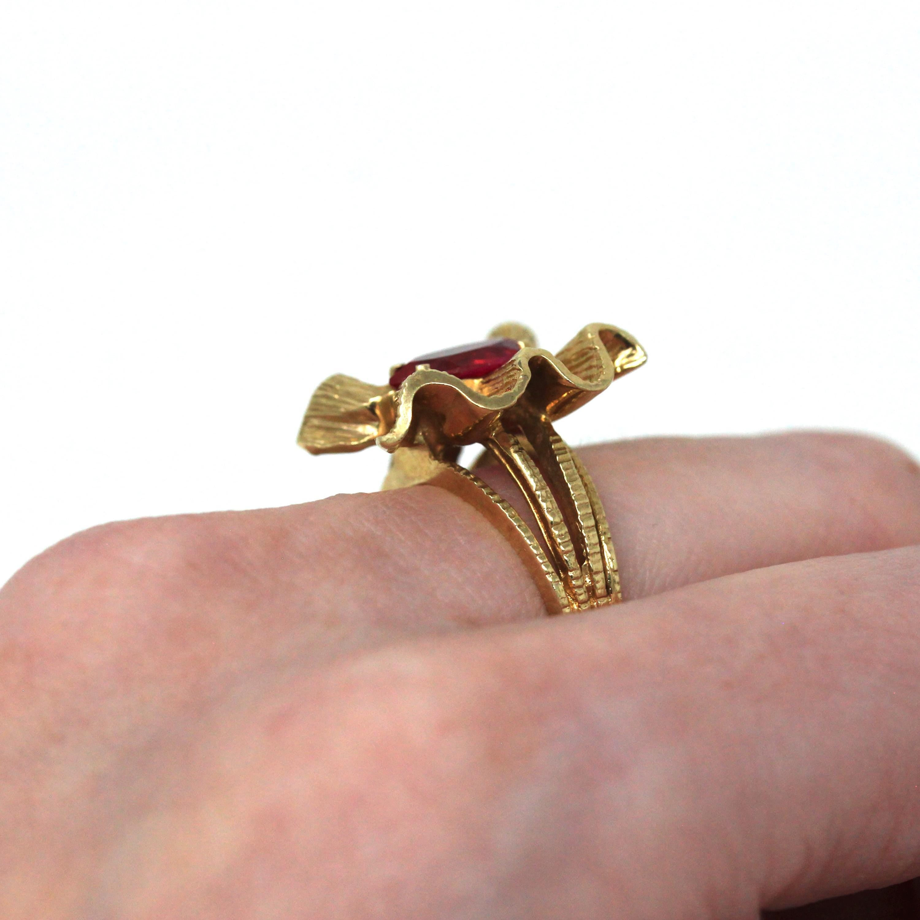 Seated Ruby Ring - Retro 10k Yellow Gold Marquise Cut Red Stone Bow Textured Design - Vintage Circa 1960s Era Size 6 New Old Stock Jewelry