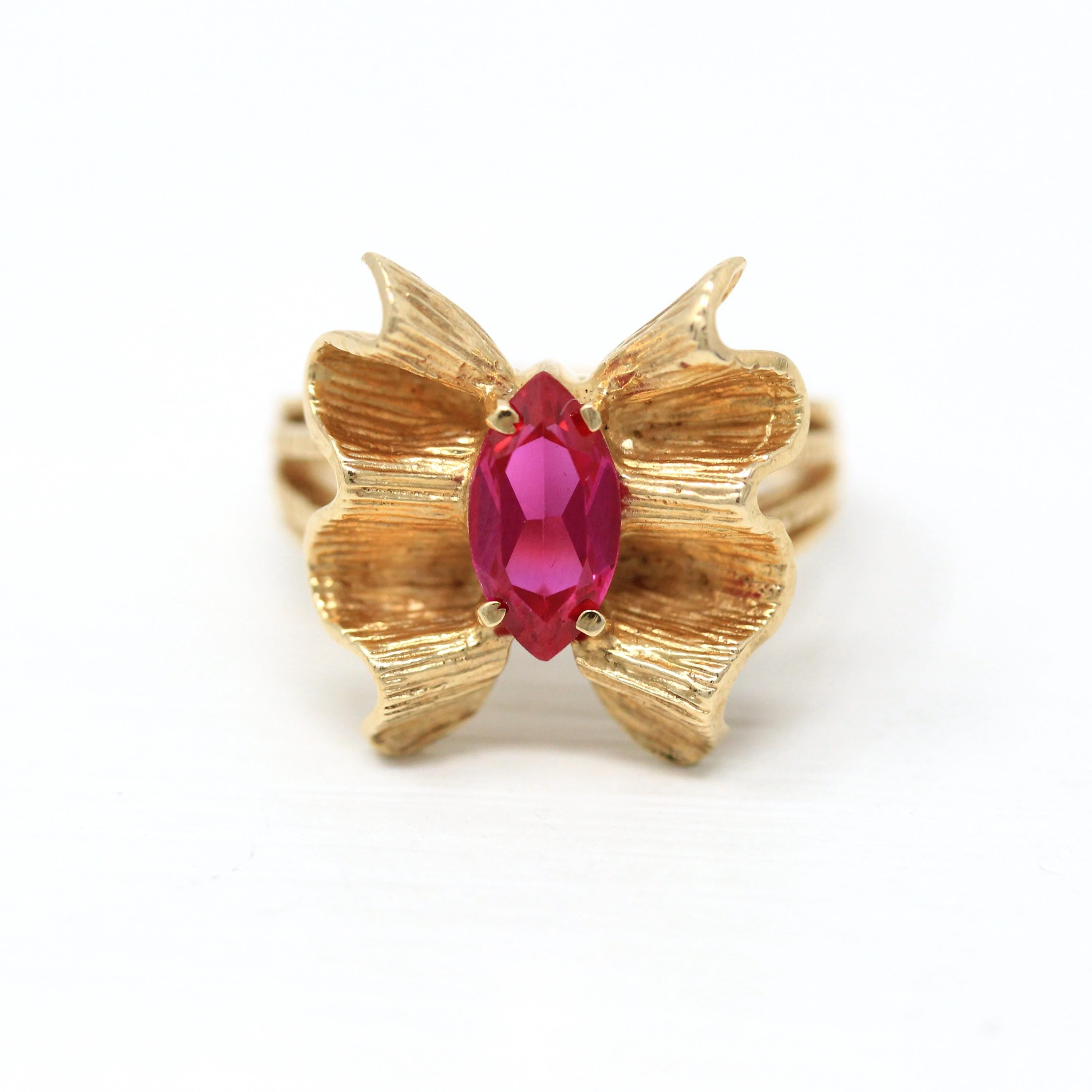 Seated Ruby Ring - Retro 10k Yellow Gold Marquise Cut Red Stone Bow Textured Design - Vintage Circa 1960s Era Size 6 New Old Stock Jewelry