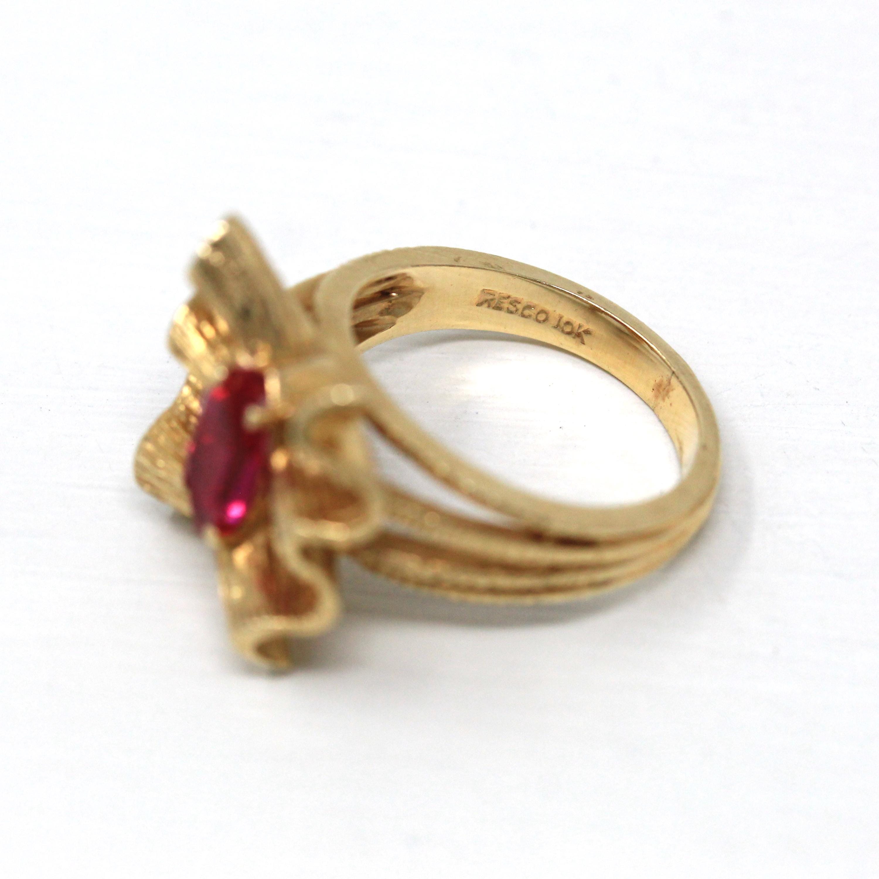 Seated Ruby Ring - Retro 10k Yellow Gold Marquise Cut Red Stone Bow Textured Design - Vintage Circa 1960s Era Size 6 New Old Stock Jewelry