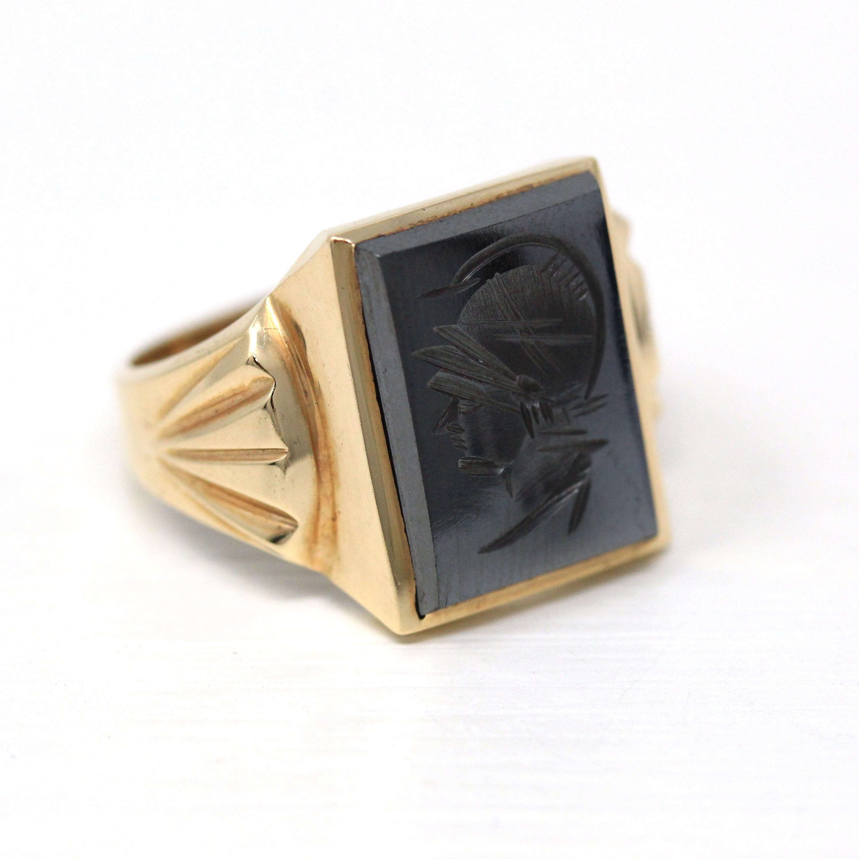 Vintage Hematite Ring - Retro 10k Yellow Gold Intaglio Carved Gray Roman Gem Warrior - Circa 1960s Era Size 10 Men's Statement Jewelry