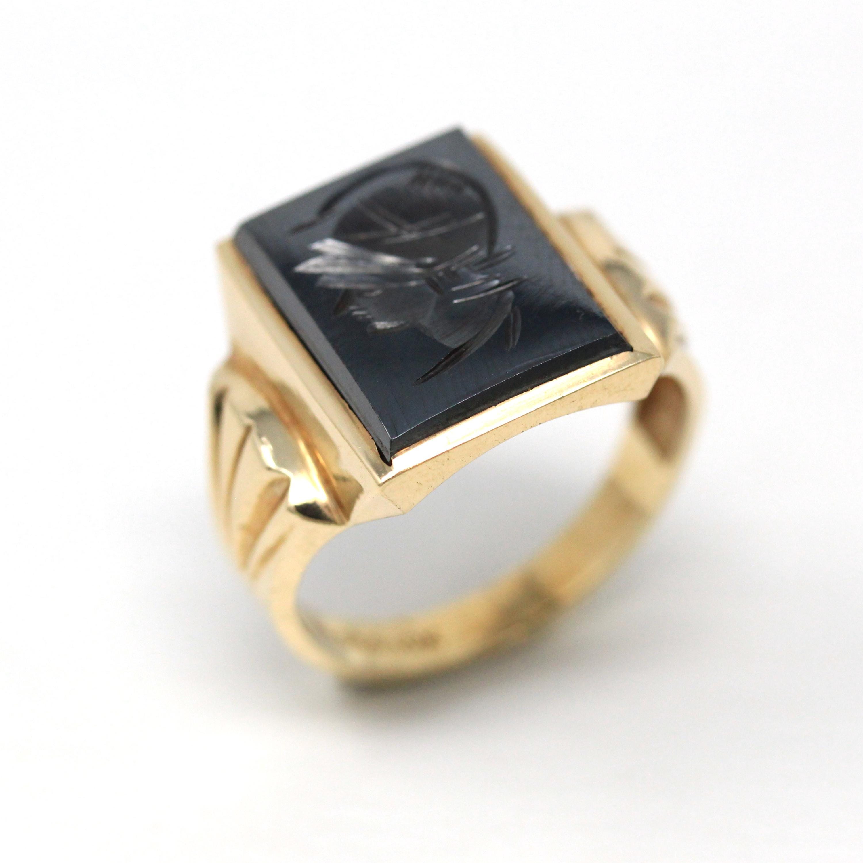 Vintage Hematite Ring - Retro 10k Yellow Gold Intaglio Carved Gray Roman Gem Warrior - Circa 1960s Era Size 10 Men's Statement Jewelry