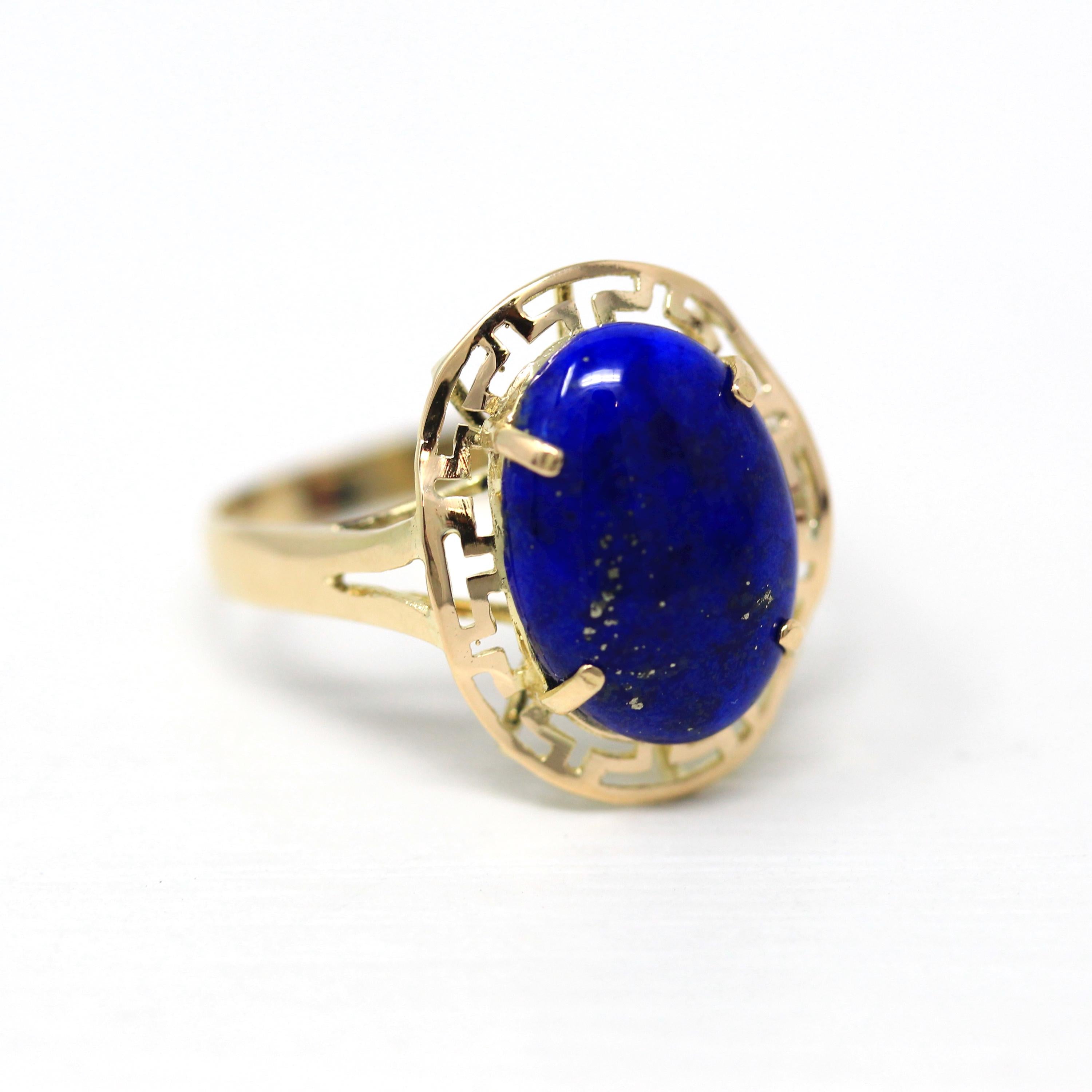 Lapis Lazuli Ring - Estate 14k Yellow Gold Genuine Cabochon Cut 3.76 CT Blue Gold Gem - 1990s Size 7 1/4 Statement Fine Open Metal Jewelry