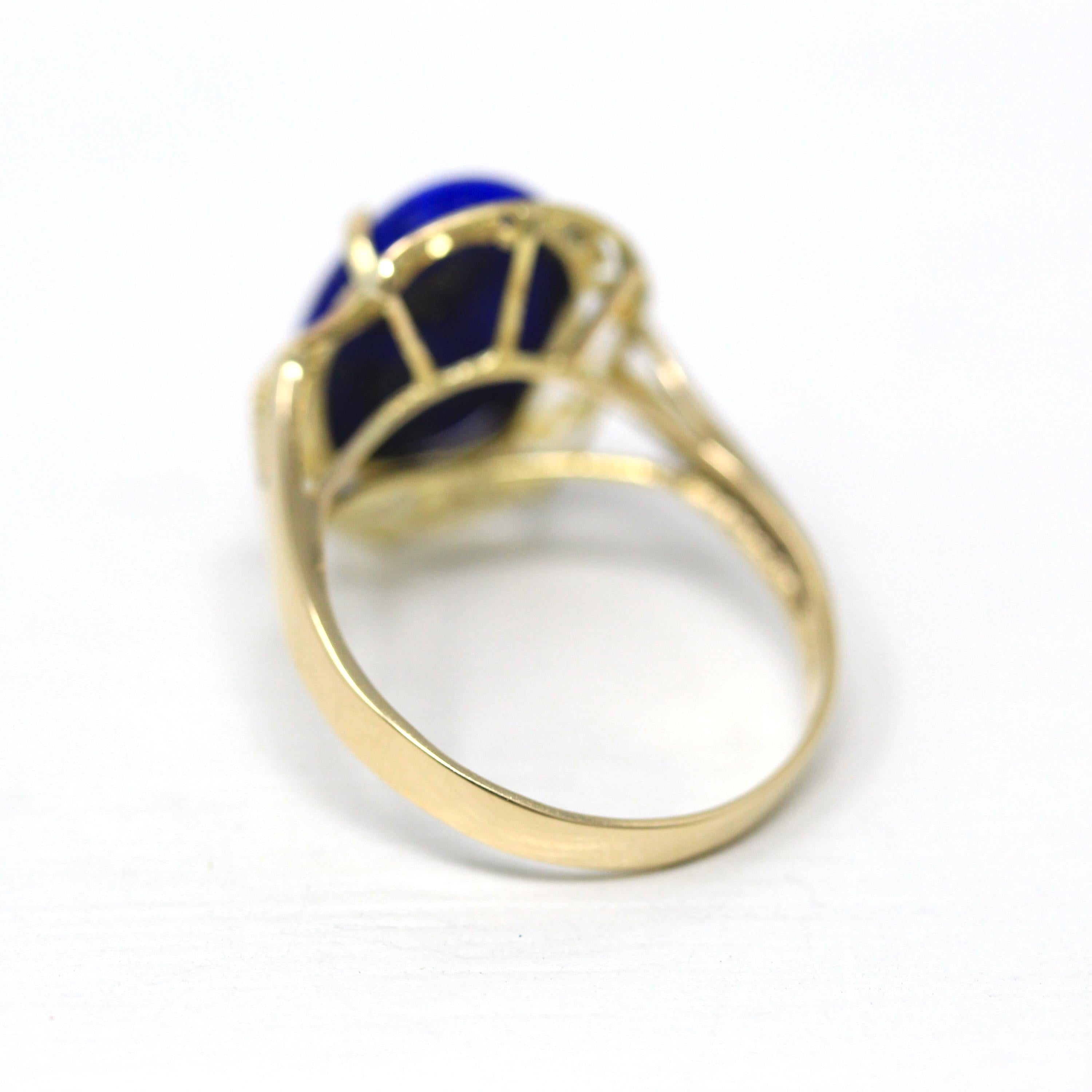 Lapis Lazuli Ring - Estate 14k Yellow Gold Genuine Cabochon Cut 3.76 CT Blue Gold Gem - 1990s Size 7 1/4 Statement Fine Open Metal Jewelry