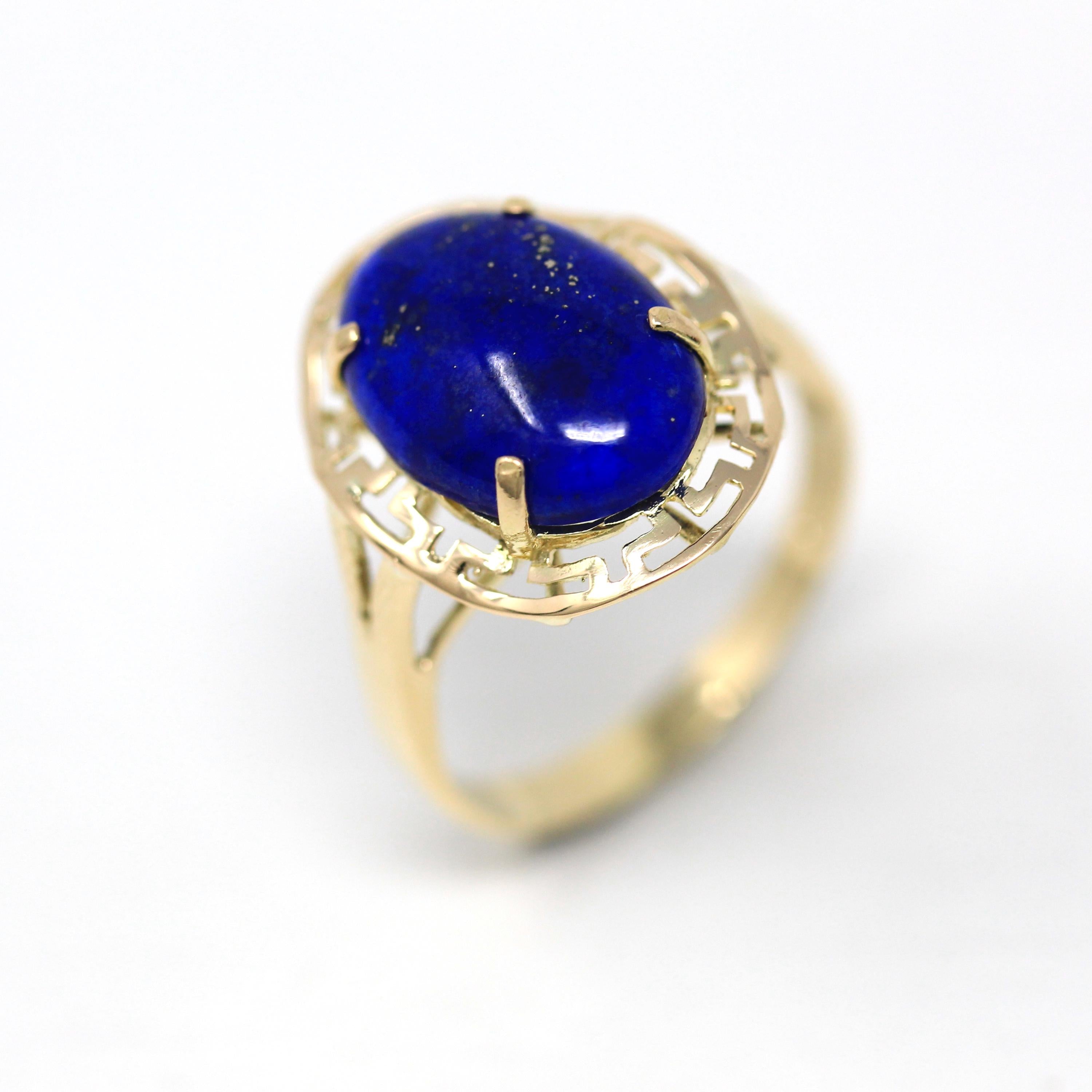 Lapis Lazuli Ring - Estate 14k Yellow Gold Genuine Cabochon Cut 3.76 CT Blue Gold Gem - 1990s Size 7 1/4 Statement Fine Open Metal Jewelry