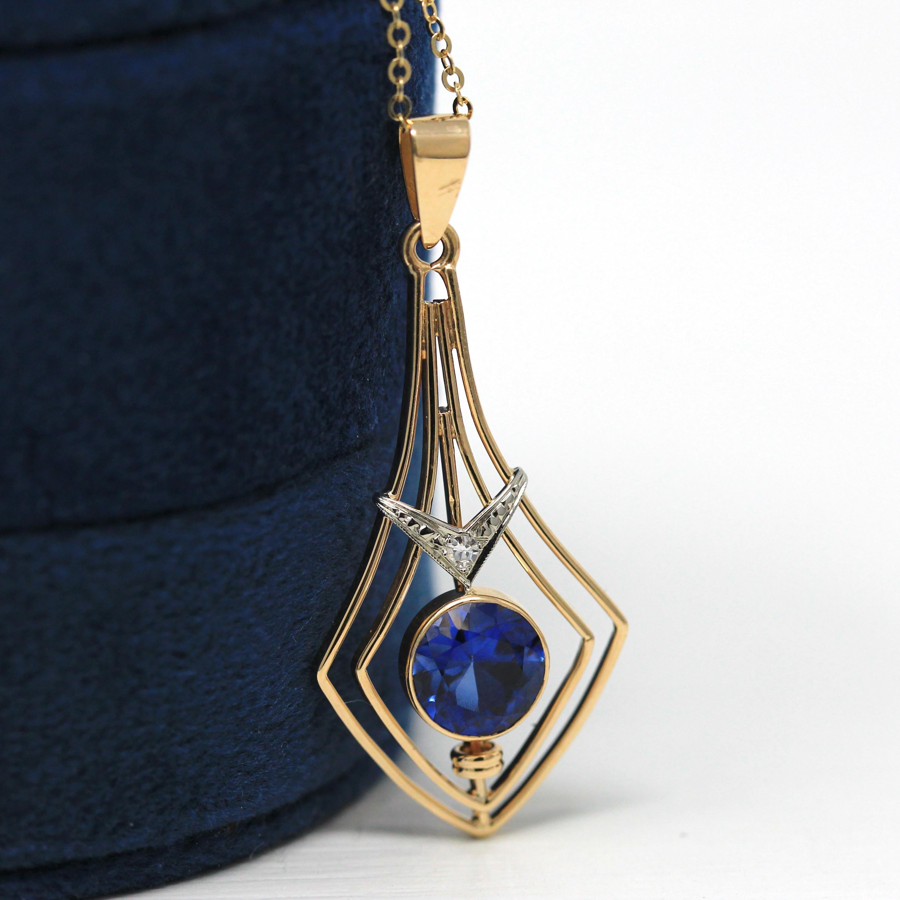 Vintage Lavalier Necklace - Retro 14k Yellow Gold Created Blue Sapphire & Diamond Pendant Charm - 1940s September Birthstone Fine Jewelry