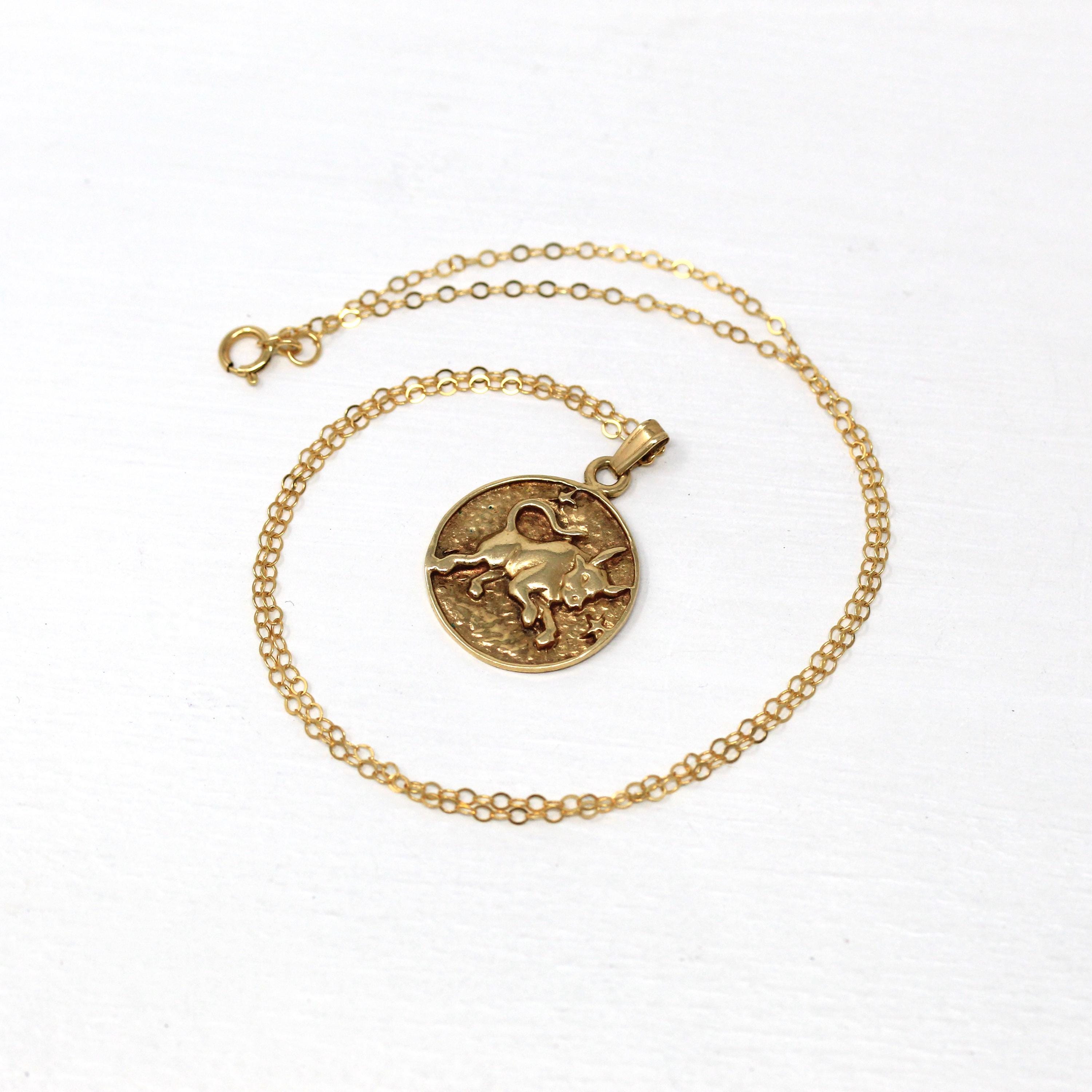 Vintage Taurus Charm - Retro 14k Yellow Gold Bull Astrological Sign Necklace Pendant - Circa 1970s Zodiac Celestial Earth Element Jewelry