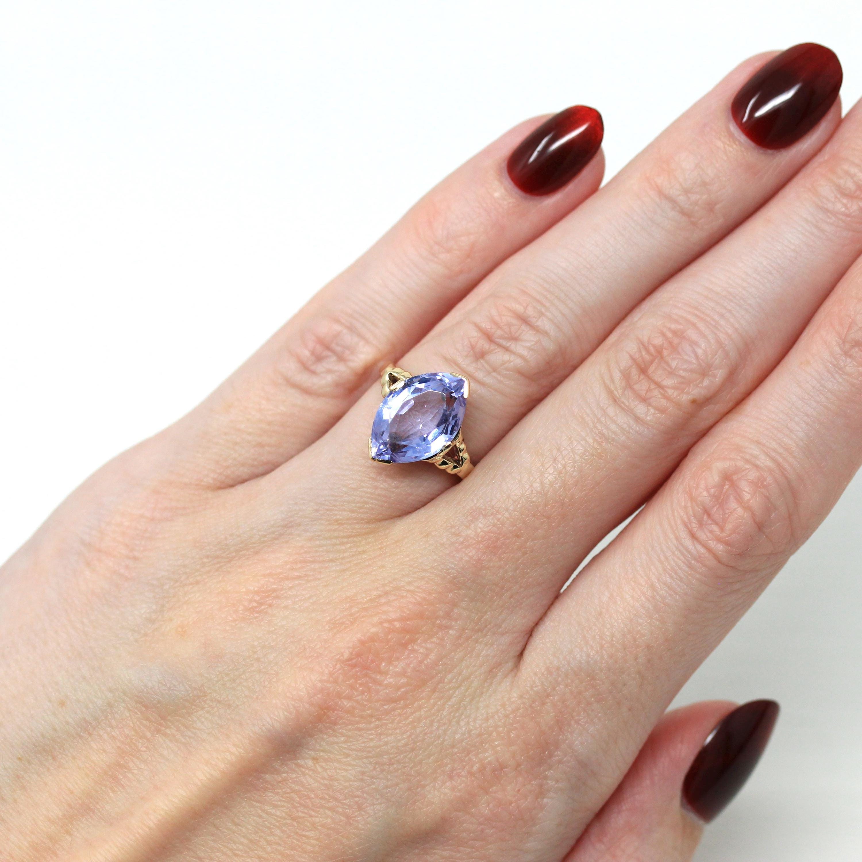 Violet Stone Ring - Retro 10k Yellow Gold Purple Blue Faceted Glass Stone - Vintage Circa 1940s Era Size 5 Statement Fine 40s Jewelry