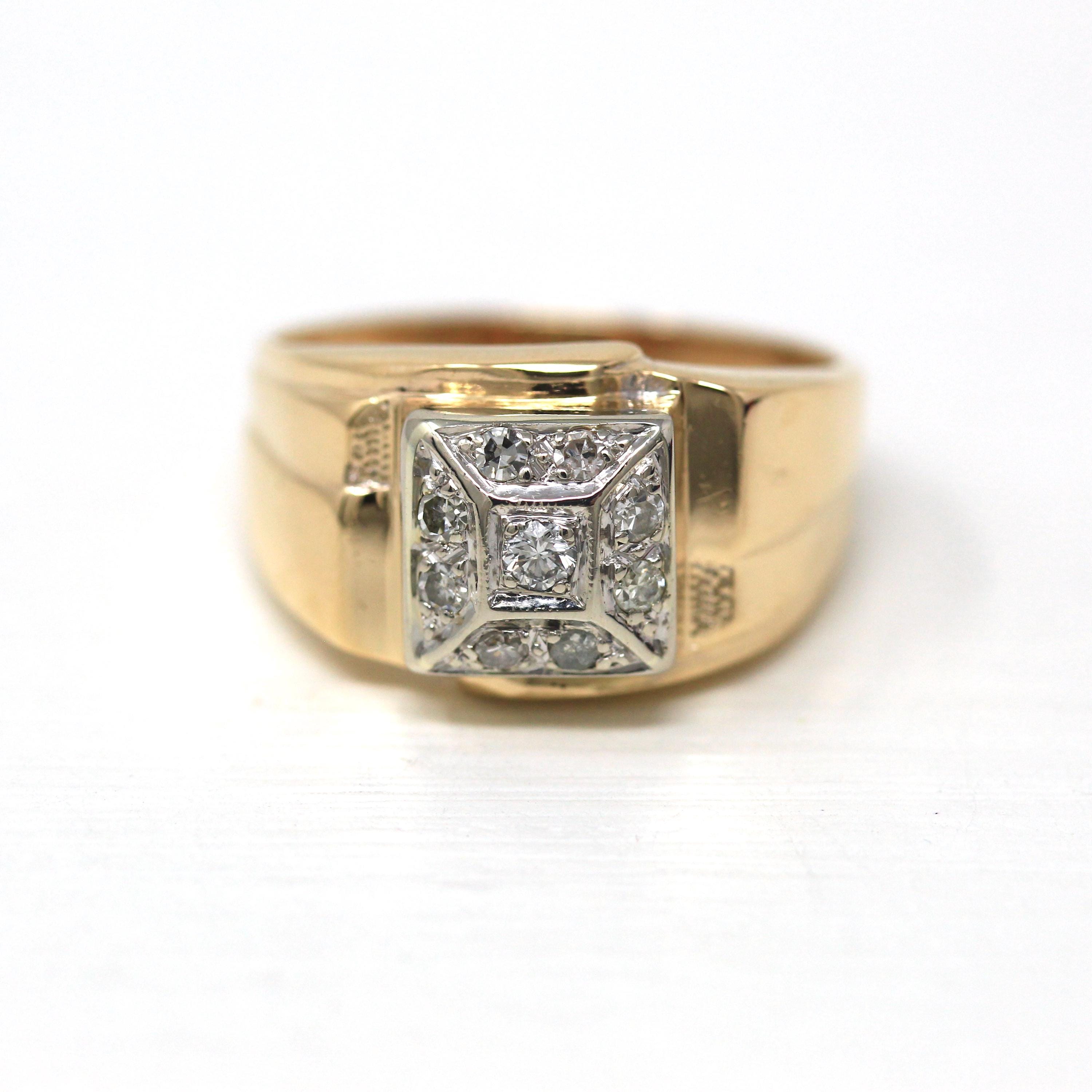 Vintage Diamond Ring - Retro 14k Yellow & White Gold 1/5 CTW Unisex Wedding Band - 1960s Size 11 Two Tone Engagement Fine Jewelry