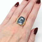 Vintage Hematite Ring - Retro 10k Yellow Gold Intaglio Carved Gray Roman Gem Warrior - Circa 1960s Era Size 8 Statement Jewelry