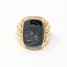 Vintage Hematite Ring - Retro 10k Yellow Gold Intaglio Carved Gray Roman Gem Warrior - Circa 1960s Era Size 8 Statement Jewelry