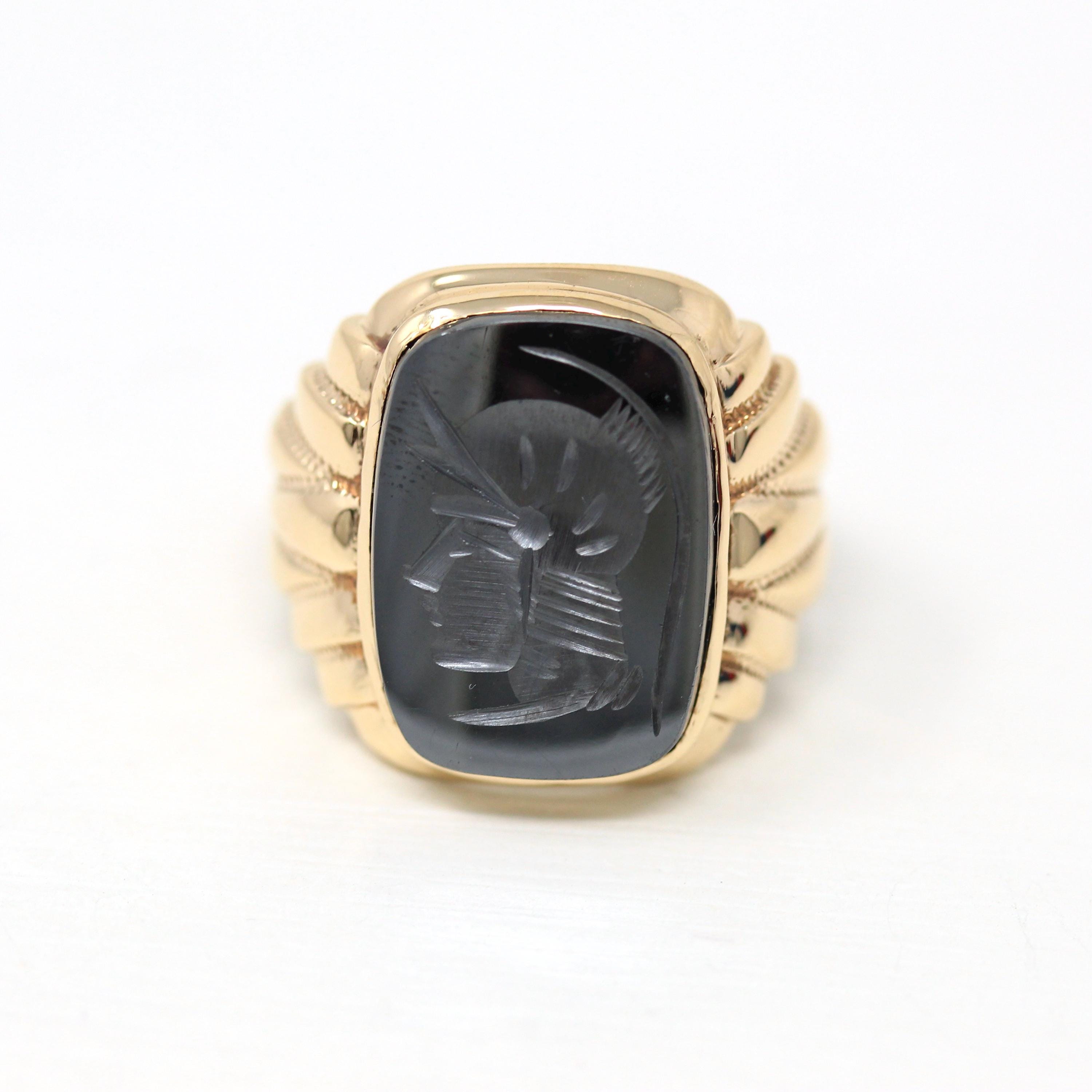 Vintage Hematite Ring - Retro 10k Yellow Gold Intaglio Carved Gray Roman Gem Warrior - Circa 1960s Era Size 8 Statement Jewelry