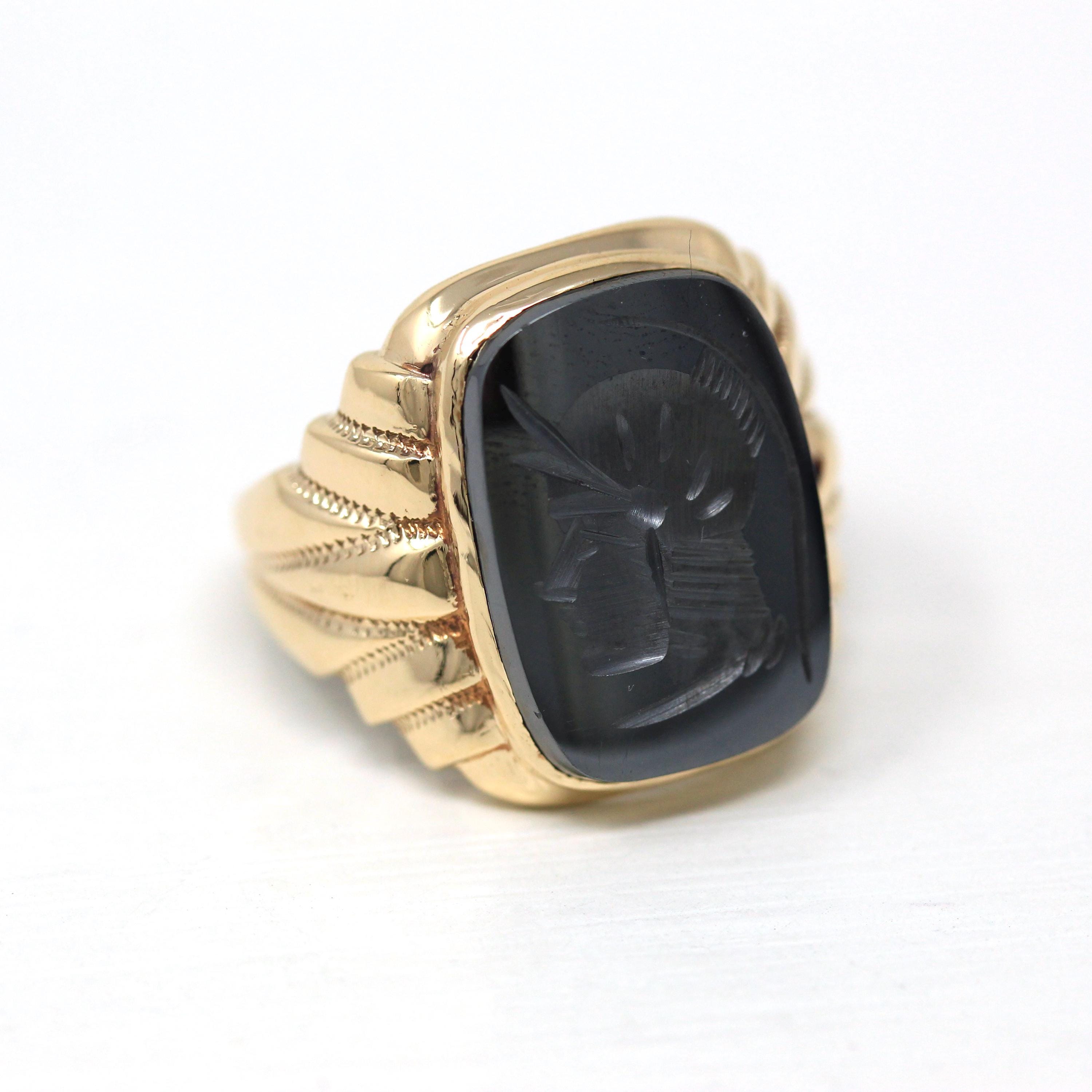 Vintage Hematite Ring - Retro 10k Yellow Gold Intaglio Carved Gray Roman Gem Warrior - Circa 1960s Era Size 8 Statement Jewelry