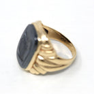 Vintage Hematite Ring - Retro 10k Yellow Gold Intaglio Carved Gray Roman Gem Warrior - Circa 1960s Era Size 8 Statement Jewelry