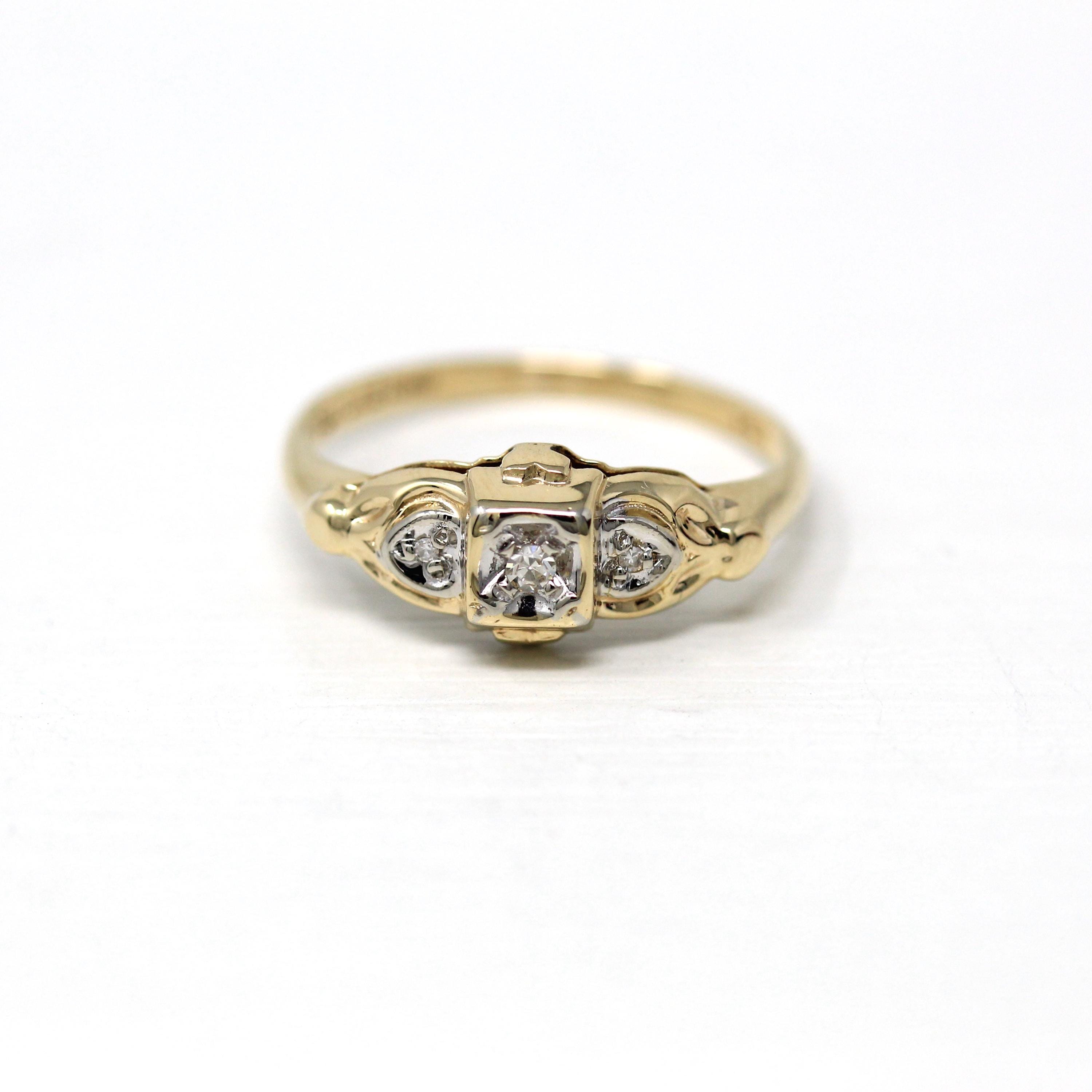 Vintage Diamond Ring - Retro 14k Yellow & White Gold Genuine .04 CTW Gem - Circa 1940s Size 6 1/2 Two Tone Engagement Fine Jewelry