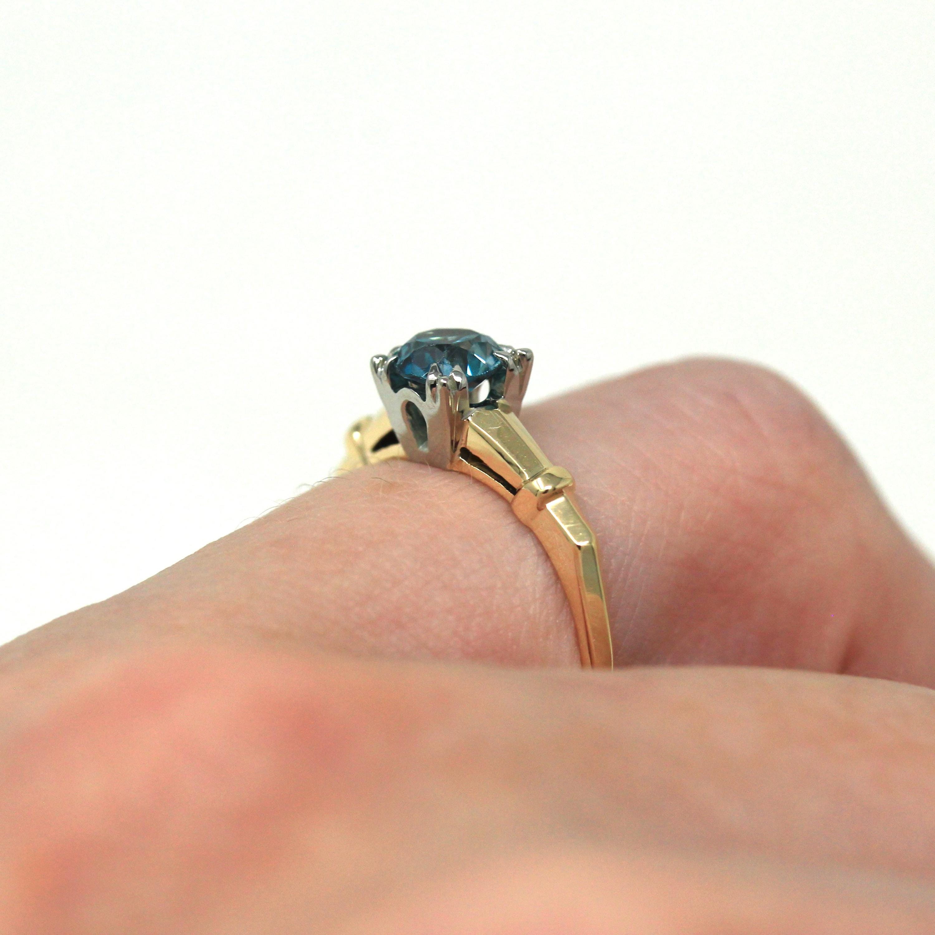 Genuine Blue Zircon Ring - Retro 14k 18k Yellow White Gold Round .63 CT Gemstone - Vintage Circa 1940s Era Size 5 1/4 Solitaire Fine Jewelry