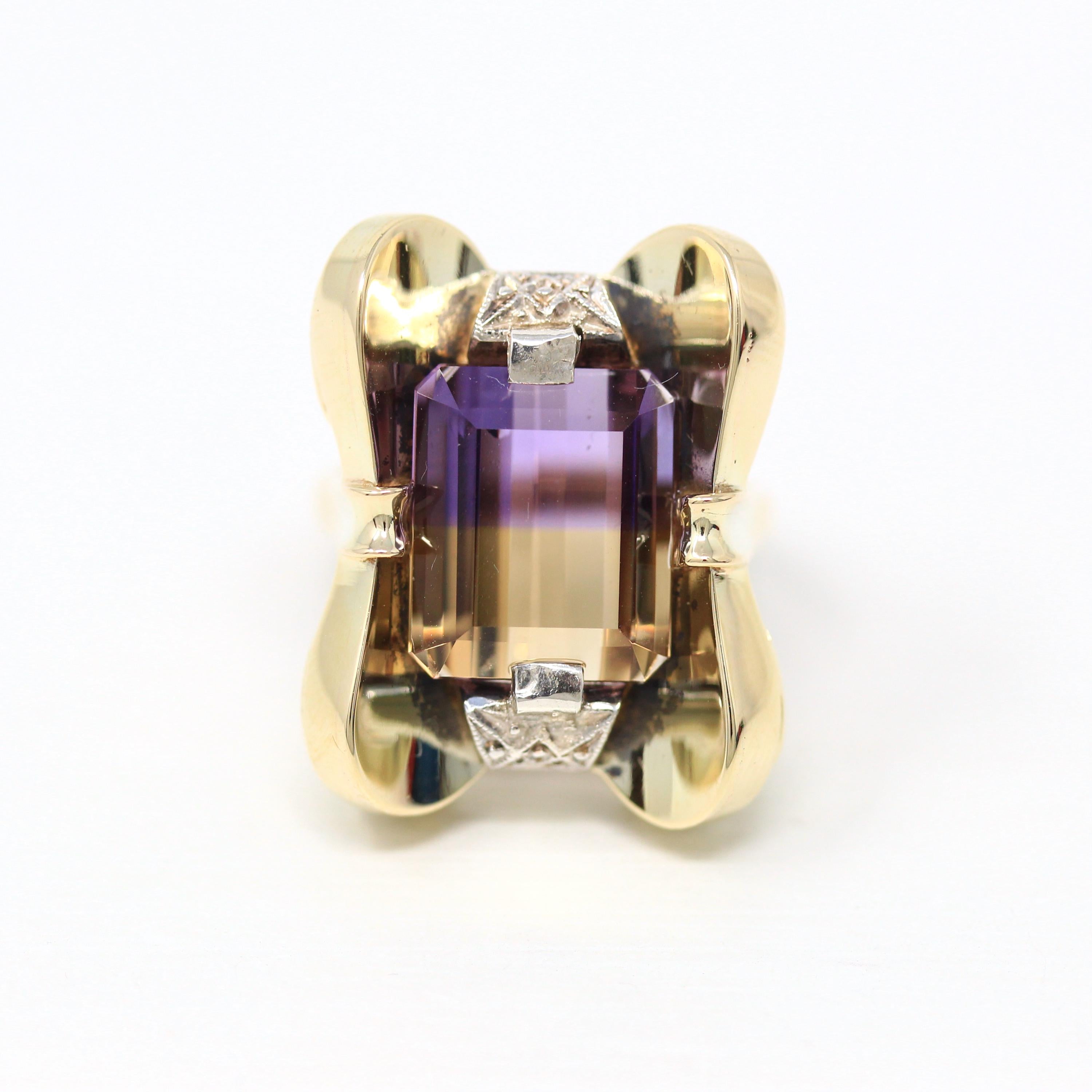 Genuine Ametrine Ring - Estate 14k Yellow & White Gold Purple Yellow 5.37 CT Gem - Estate Circa 2000's Era Bi-Color Fine Statement Jewelry