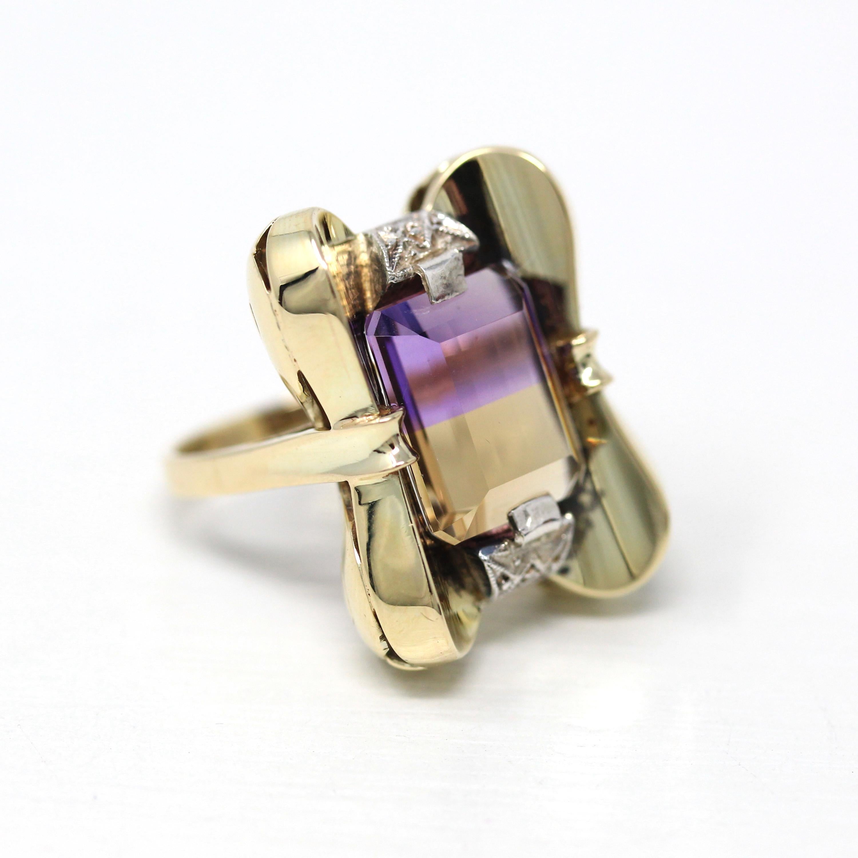 Genuine Ametrine Ring - Estate 14k Yellow & White Gold Purple Yellow 5.37 CT Gem - Estate Circa 2000's Era Bi-Color Fine Statement Jewelry