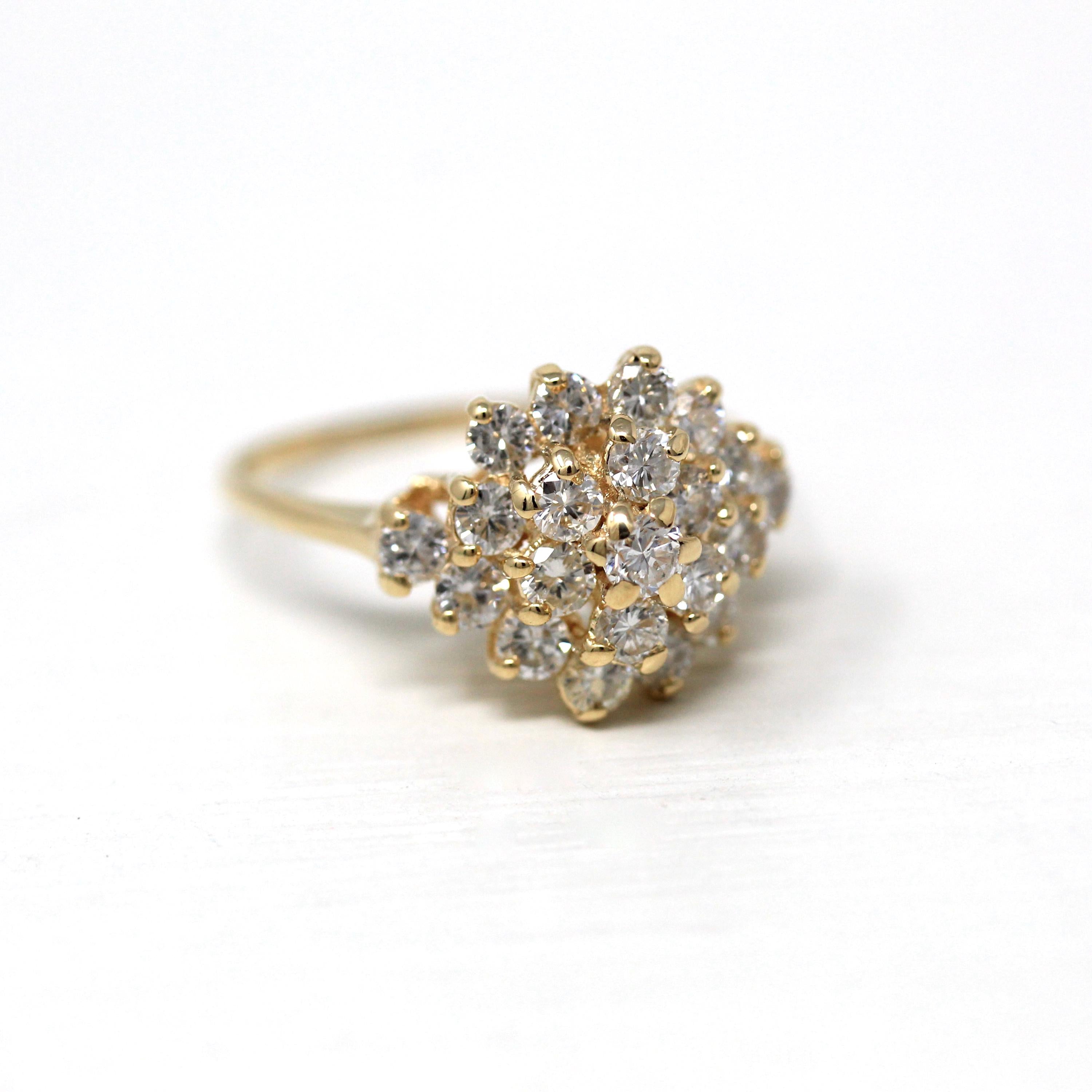 Diamond Cluster Ring - Estate 14k Yellow Gold Multi-Stone 1.27 CTW Gems - Modern Circa 1980s Era Size 7 April Birthstone Fine 80s Jewelry