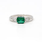 Vintage Emerald Ring - Mid Century Platinum Rectangular Cut .74 CT Green Gemstone - Vintage Circa 1950s Size 6 Oval Diamond Report Jewelry