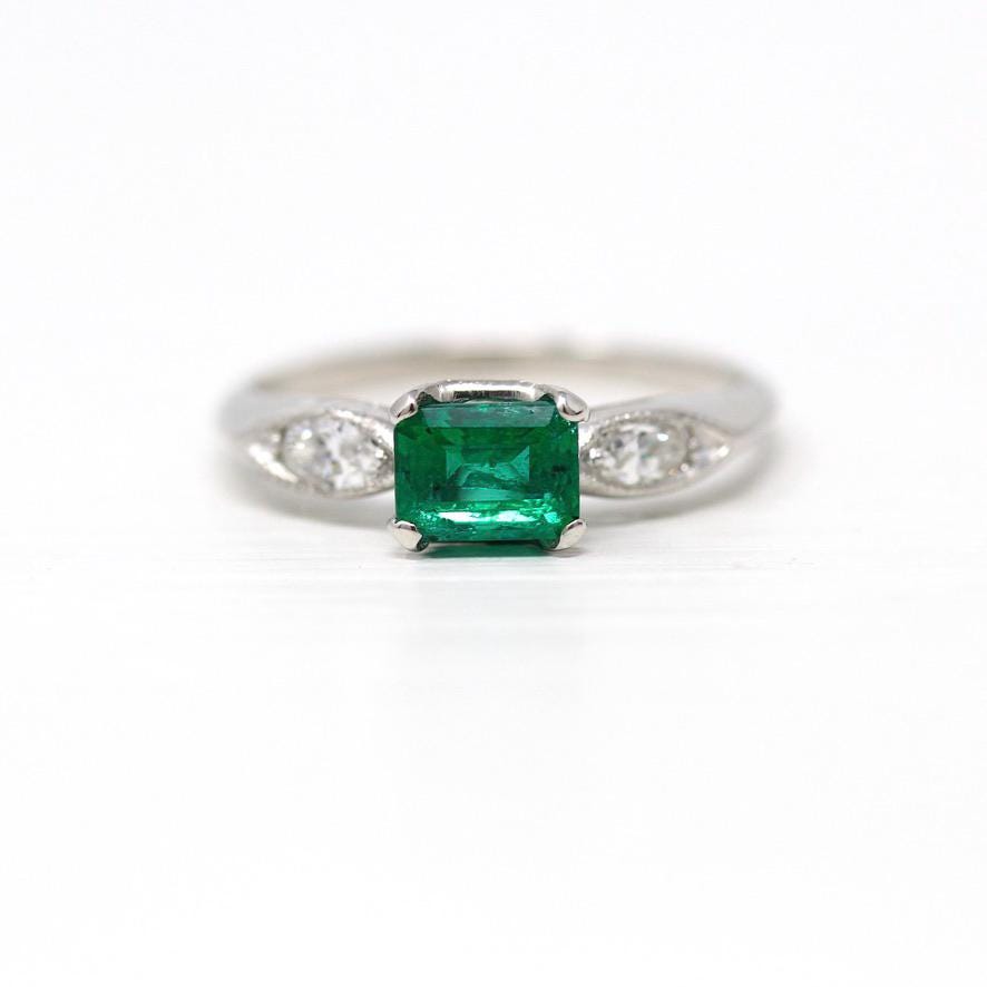 Vintage Emerald Ring - Mid Century Platinum Rectangular Cut .74 CT Green Gemstone - Vintage Circa 1950s Size 6 Oval Diamond Report Jewelry