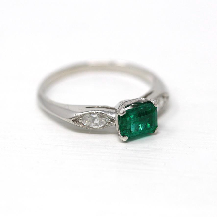 Vintage Emerald Ring - Mid Century Platinum Rectangular Cut .74 CT Green Gemstone - Vintage Circa 1950s Size 6 Oval Diamond Report Jewelry