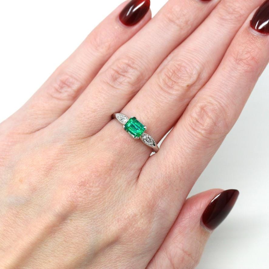 Vintage Emerald Ring - Mid Century Platinum Rectangular Cut .74 CT Green Gemstone - Vintage Circa 1950s Size 6 Oval Diamond Report Jewelry