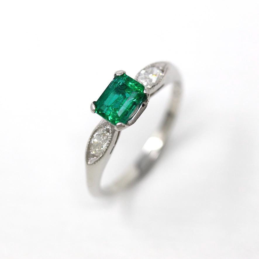 Vintage Emerald Ring - Mid Century Platinum Rectangular Cut .74 CT Green Gemstone - Vintage Circa 1950s Size 6 Oval Diamond Report Jewelry