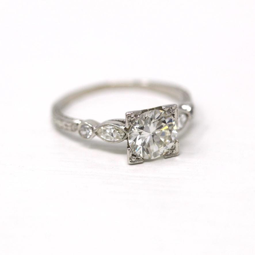 Diamond Engagement Ring - 1950s Platinum 1.14 CTW Round Brilliant Cut & Marquise Diamonds - Size 6 Mid Century 1950s Fine Report Jewelry