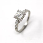 Diamond Engagement Ring - 1950s Platinum 1.14 CTW Round Brilliant Cut & Marquise Diamonds - Size 6 Mid Century 1950s Fine Report Jewelry