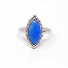 Mid Century Ring - Vintage 10k White Gold Genuine Blue Chalcedony Gemstone Statement - Circa 1950s Size 6 3/4 Marquise Gem Fine Jewelry