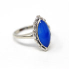 Mid Century Ring - Vintage 10k White Gold Genuine Blue Chalcedony Gemstone Statement - Circa 1950s Size 6 3/4 Marquise Gem Fine Jewelry