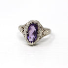 Vintage Amethyst Ring - Art Deco 14k White Gold 1.13 CT Gemstone Flower Filigree - Circa 1930s Era Size 6 3/4 February Fine 30s Jewelry