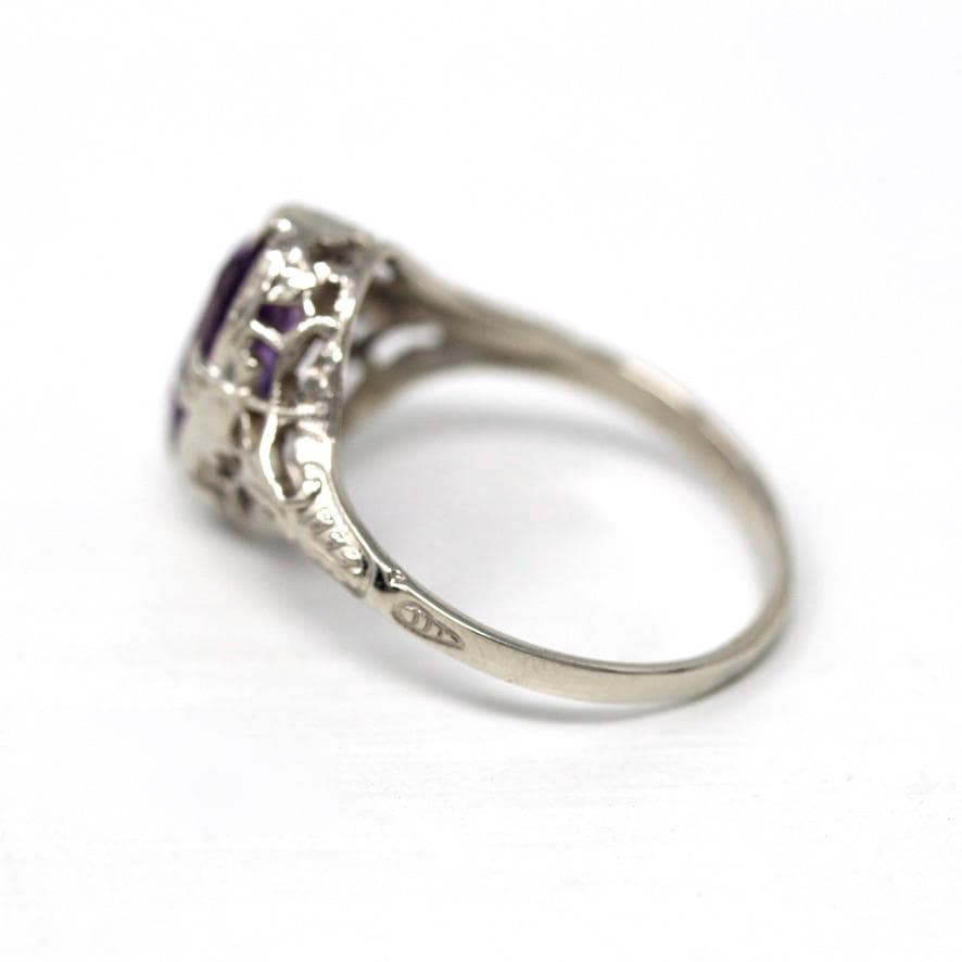 Vintage Amethyst Ring - Art Deco 14k White Gold 1.13 CT Gemstone Flower Filigree - Circa 1930s Era Size 6 3/4 February Fine 30s Jewelry