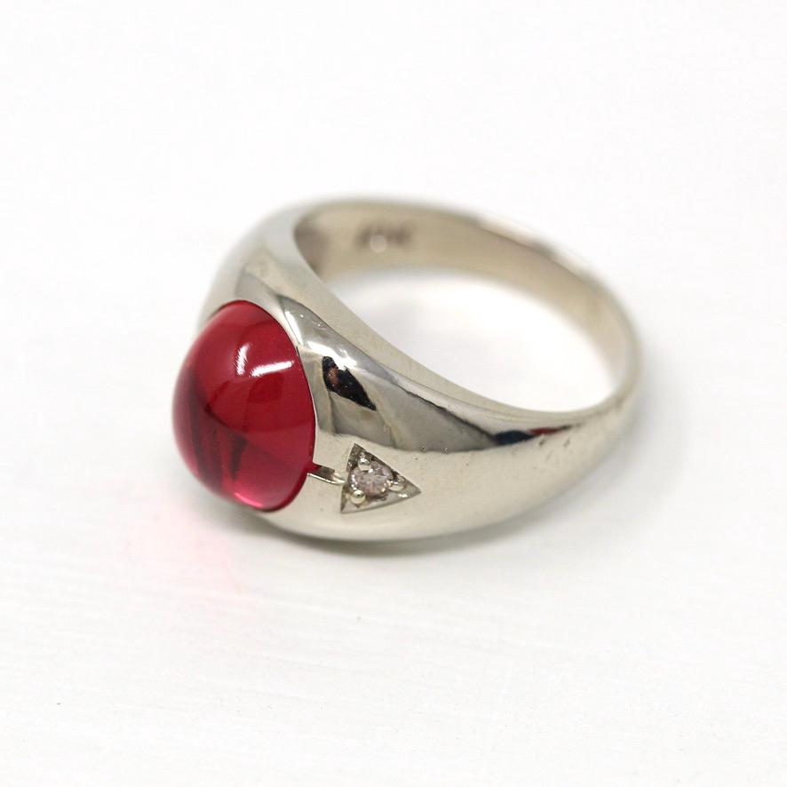 Created Ruby Ring - Mid Century 10k White Gold 7.68 ct Cabochon Cut Pink Stone - Vintage Circa 1950s Era Diamonds Fine Unisex Jewelry