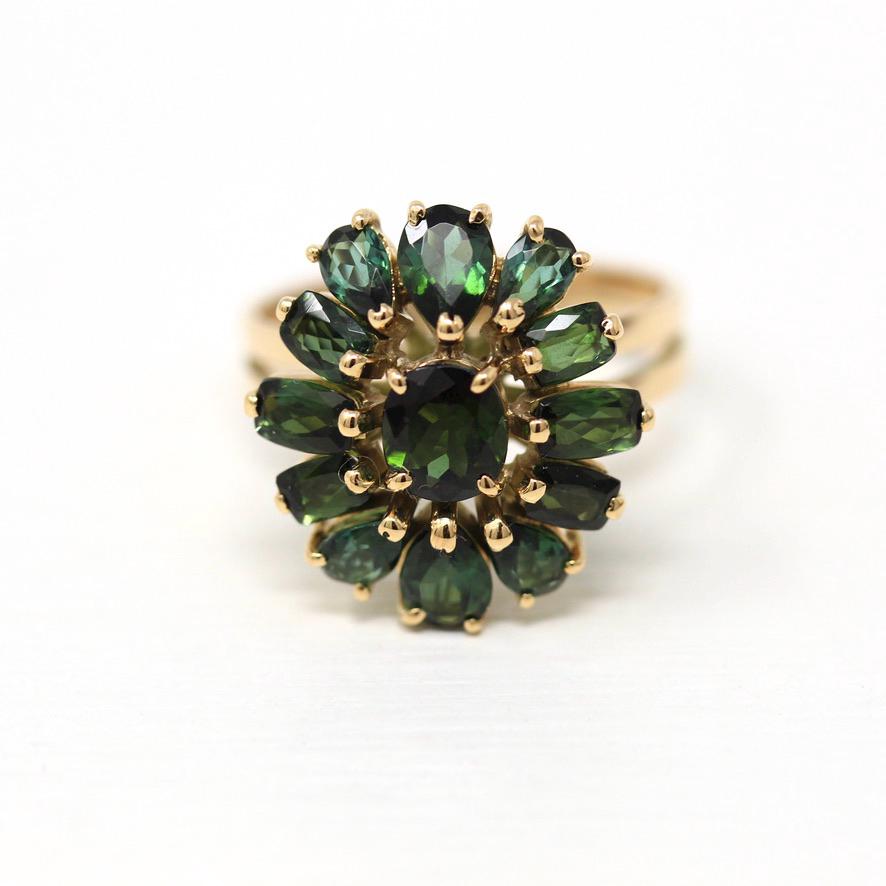 Green Tourmaline Ring - Retro 14k Yellow Gold Flower Cluster Statement - Vintage Circa 1970s Size 8 3/4 Green Gemstone Fine Jewelry