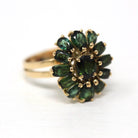 Green Tourmaline Ring - Retro 14k Yellow Gold Flower Cluster Statement - Vintage Circa 1970s Size 8 3/4 Green Gemstone Fine Jewelry