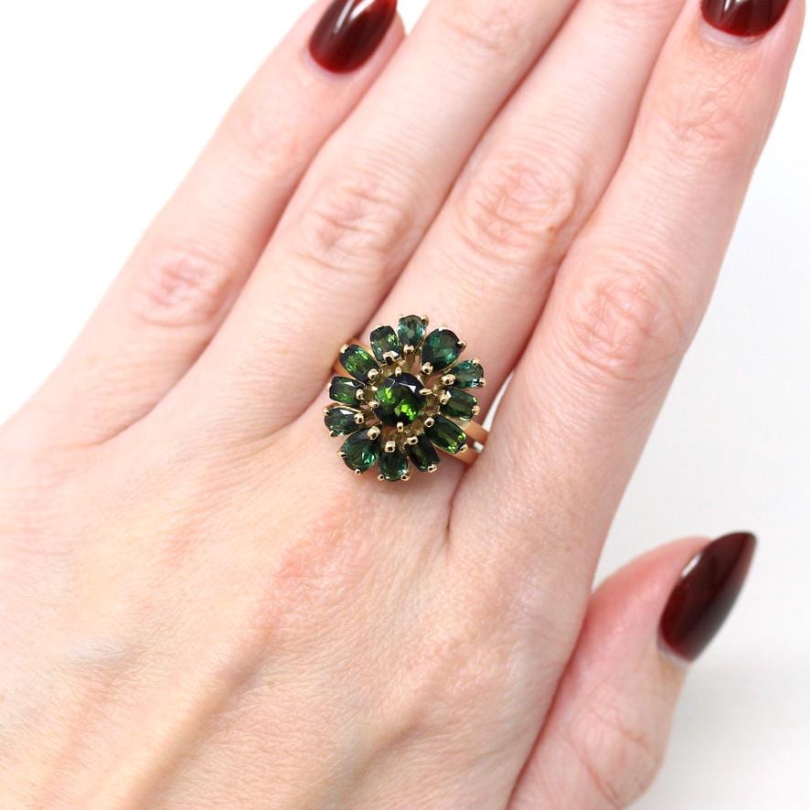 Green Tourmaline Ring - Retro 14k Yellow Gold Flower Cluster Statement - Vintage Circa 1970s Size 8 3/4 Green Gemstone Fine Jewelry