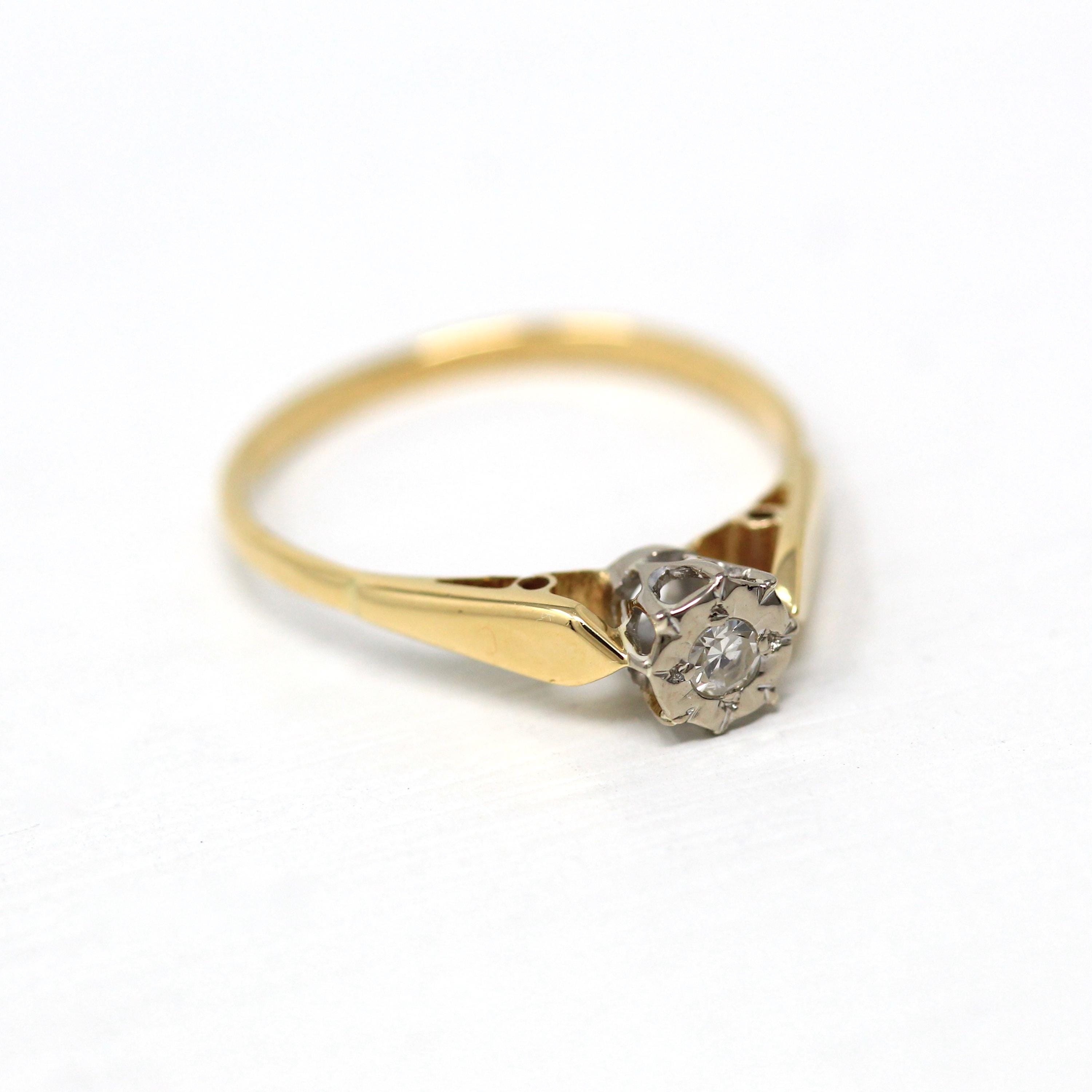 Genuine Diamond Ring - Retro 18k Yellow Gold .09 CT Gemstone Solitaire - Vintage Circa 1960s Era Size 6 1/2 Engagement Two Tone Fine Jewelry