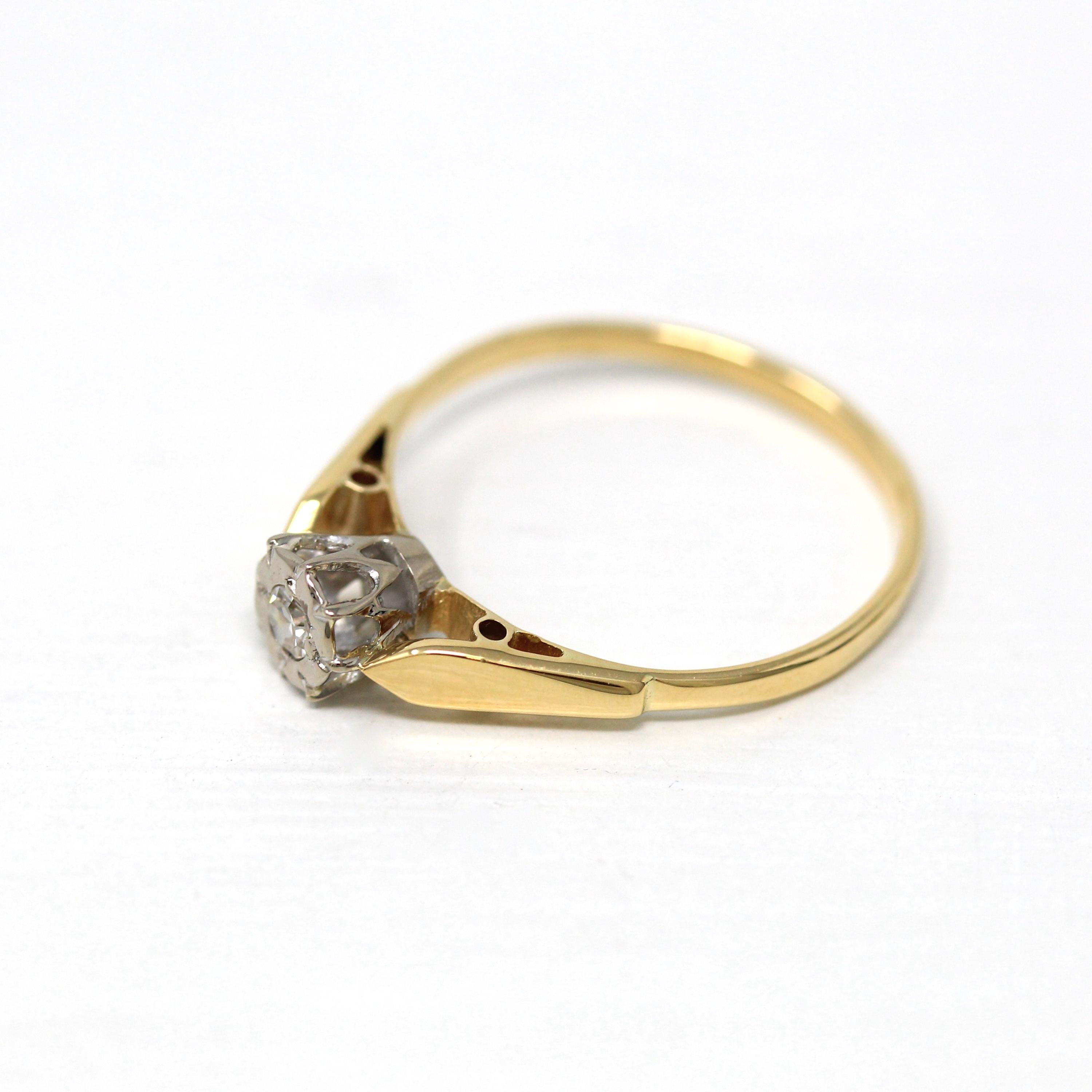 Genuine Diamond Ring - Retro 18k Yellow Gold .09 CT Gemstone Solitaire - Vintage Circa 1960s Era Size 6 1/2 Engagement Two Tone Fine Jewelry