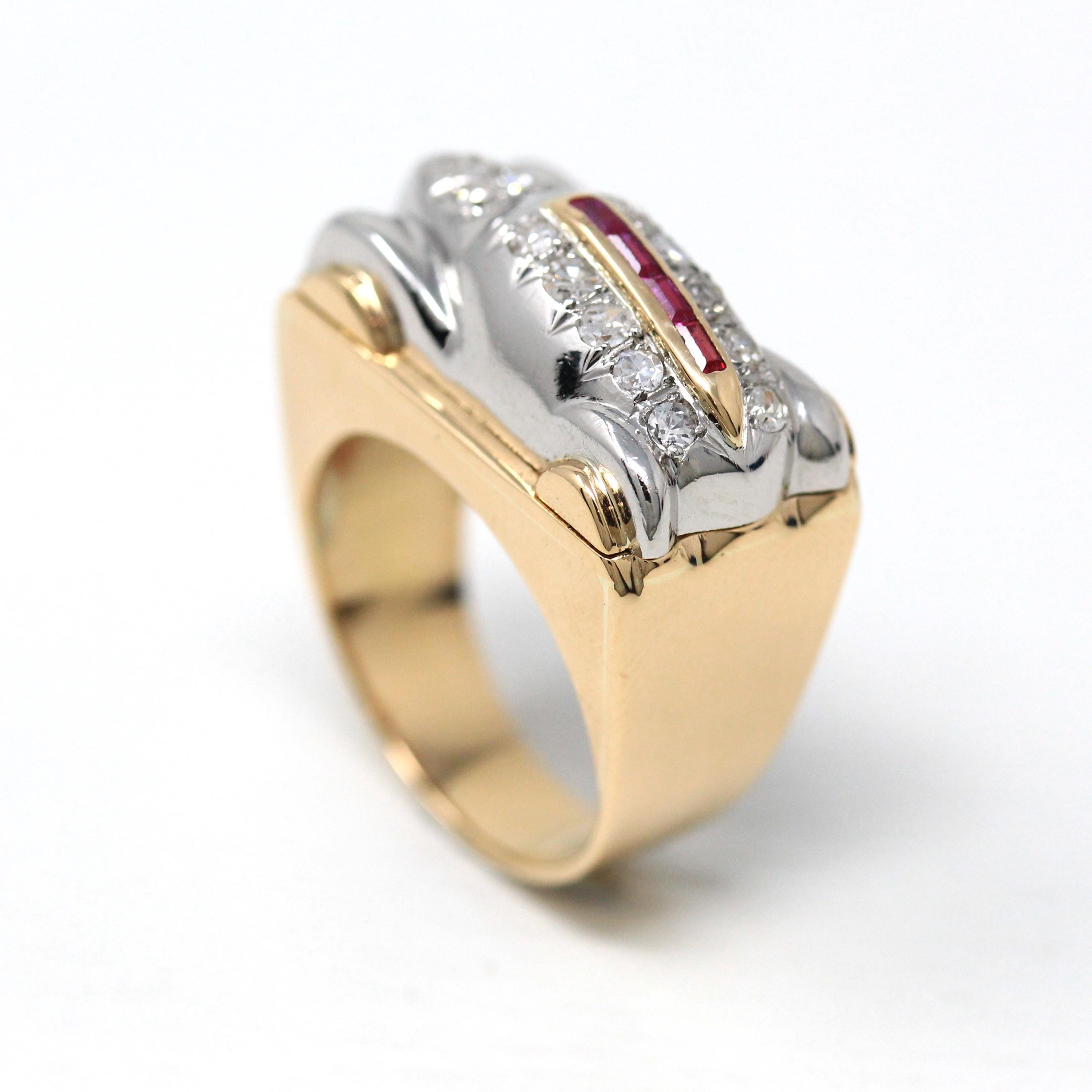 Vintage Car Ring - Art Deco Rare 18k Gold & Platinum Diamond Statement - Size 7 1/4 Circa 1930s Created Ruby Figural Automobile Fine Jewelry