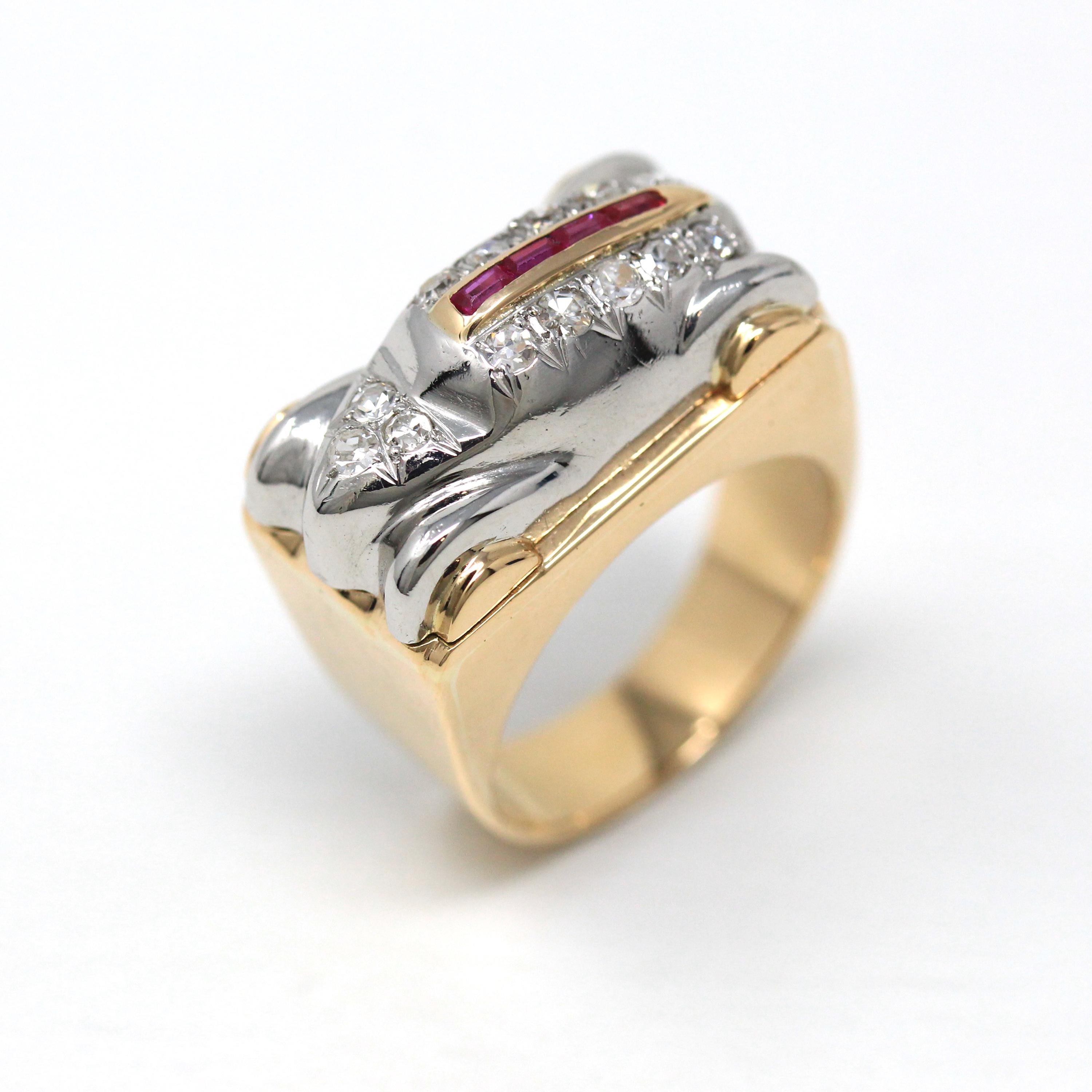 Vintage Car Ring - Art Deco Rare 18k Gold & Platinum Diamond Statement - Size 7 1/4 Circa 1930s Created Ruby Figural Automobile Fine Jewelry