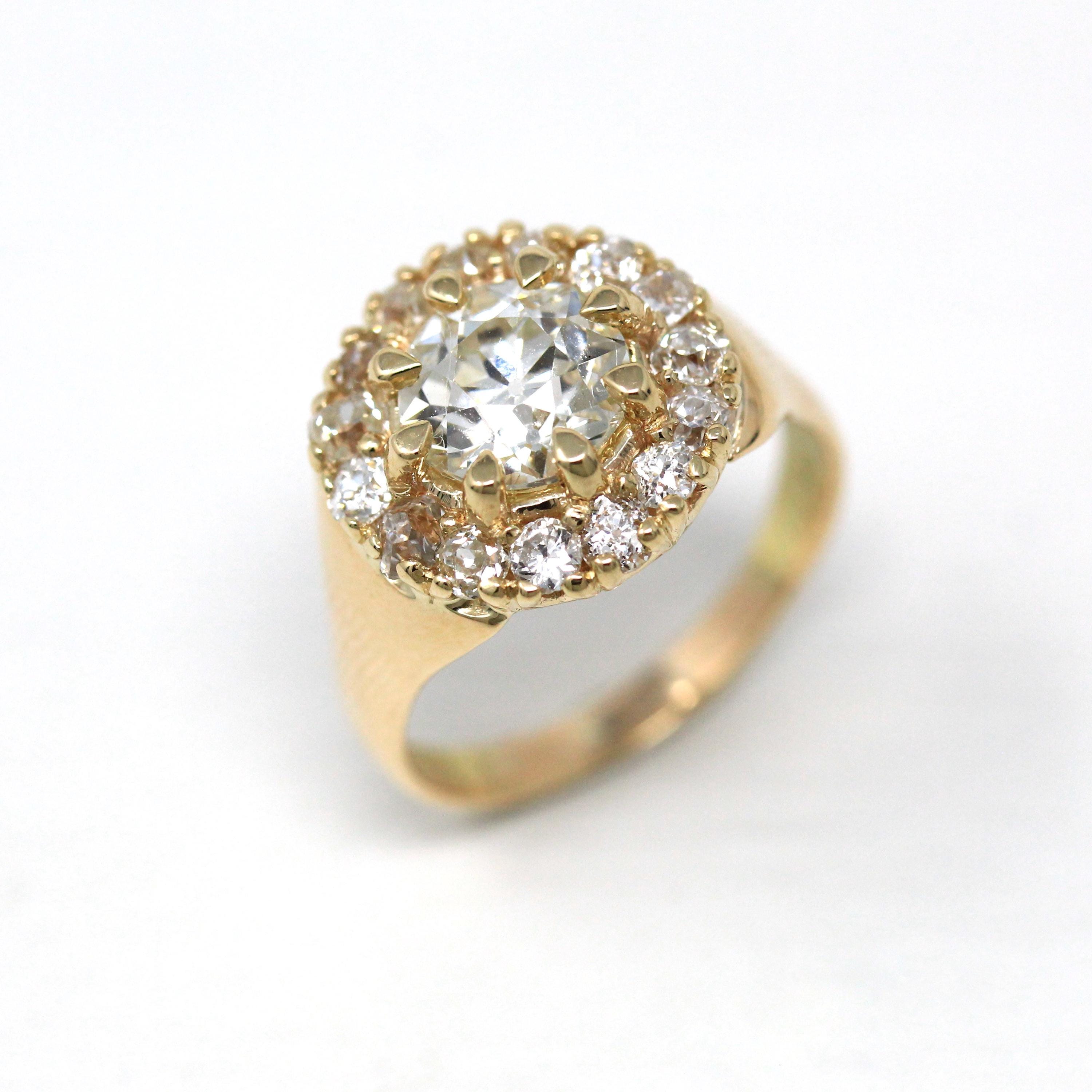 Diamond Halo Ring - Antique Edwardian Dated 1913 1.87 ctw Old European Cut Gem Cluster - Size 5 1/4 Fine GIA Report Fine Engagement Jewelry