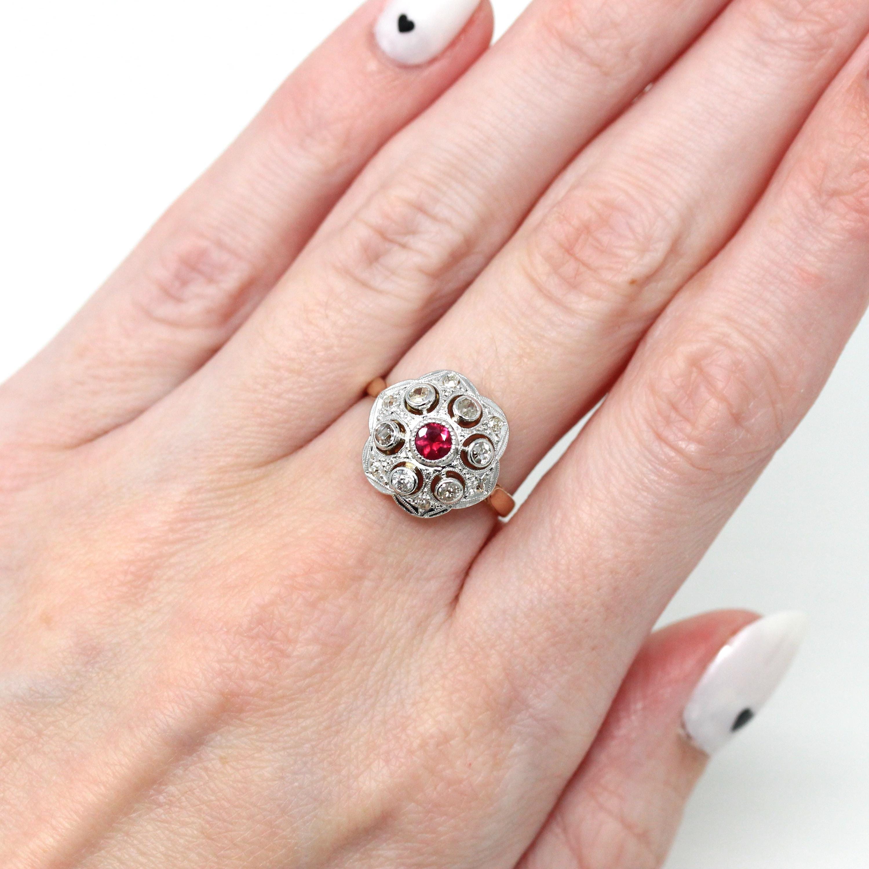 Ruby & Diamond Ring - 18k Yellow and White Gold .29 CT Pink Gem - Retro Size 7 Alternative Engagement Fine Halo Dome Two Tone Jewelry