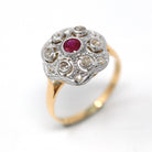 Ruby & Diamond Ring - 18k Yellow and White Gold .29 CT Pink Gem - Retro Size 7 Alternative Engagement Fine Halo Dome Two Tone Jewelry