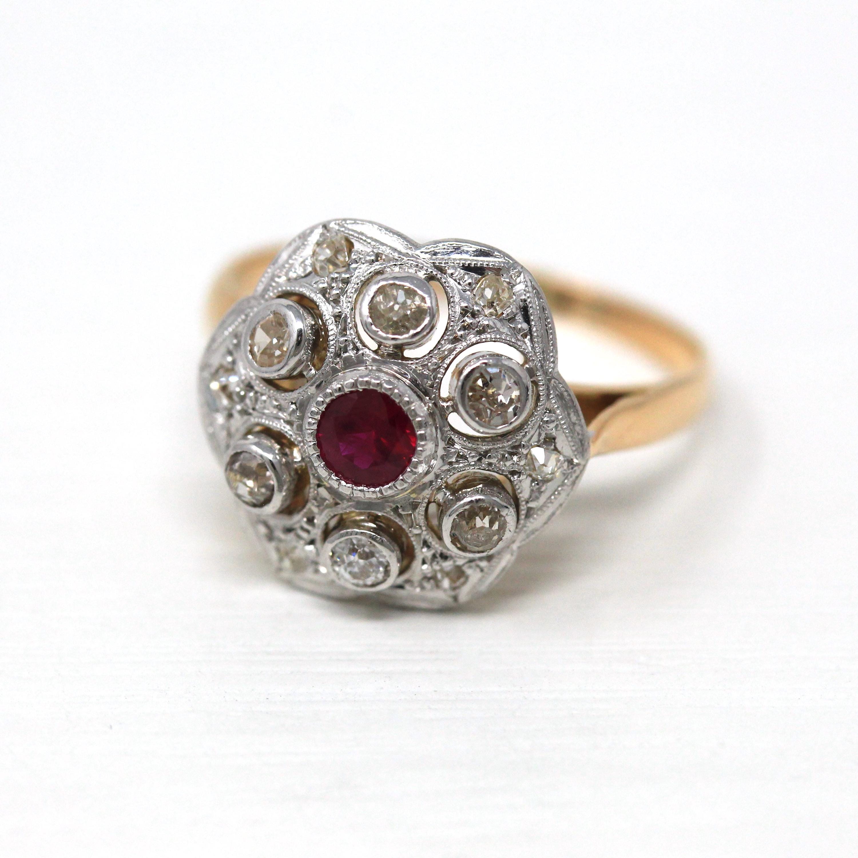 Ruby & Diamond Ring - 18k Yellow and White Gold .29 CT Pink Gem - Retro Size 7 Alternative Engagement Fine Halo Dome Two Tone Jewelry