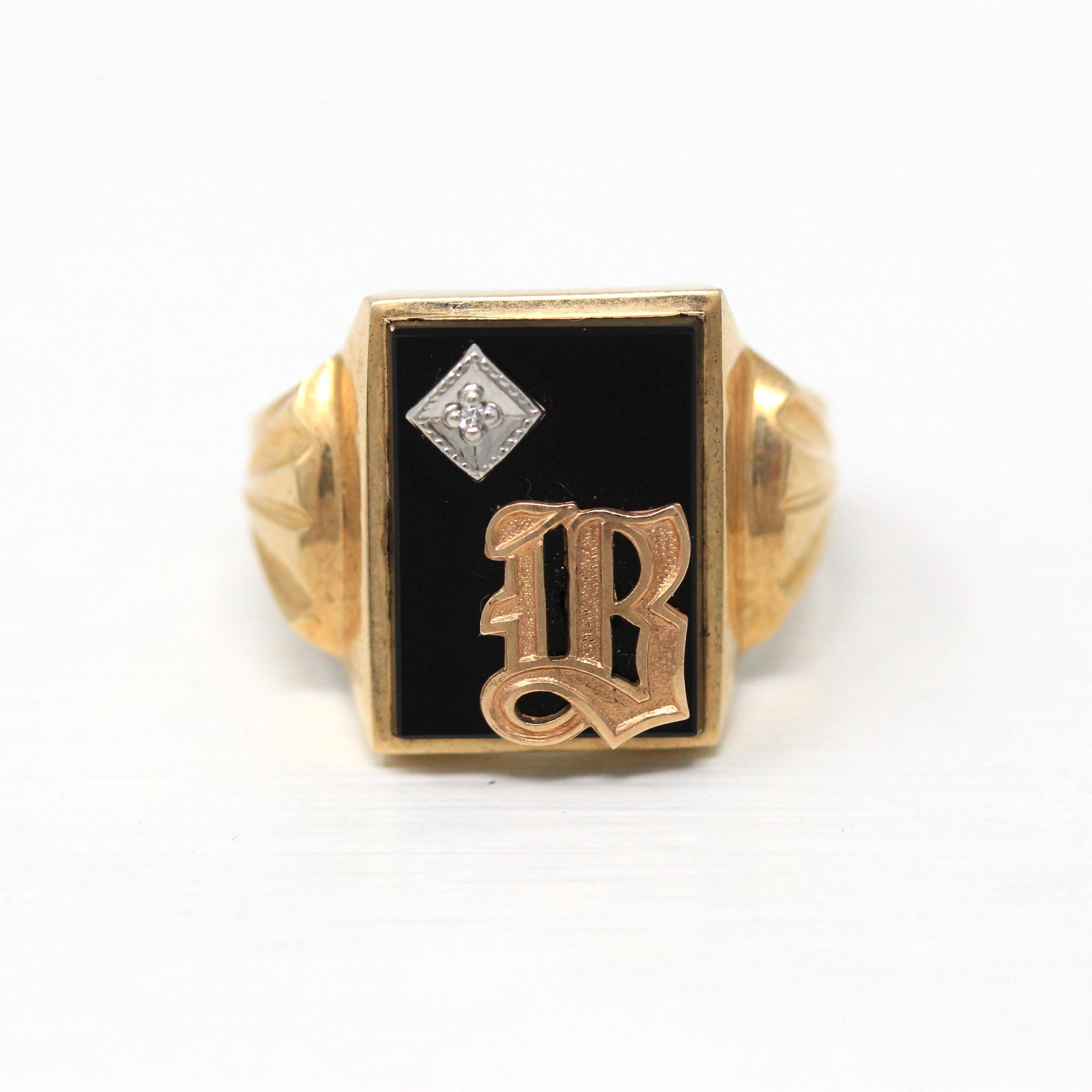 Letter "B" Ring - Retro 10k Yellow Gold Diamond & Onyx Old English Initial - Vintage Circa 1960s Size 10 Statement New Old Stock Jewelry